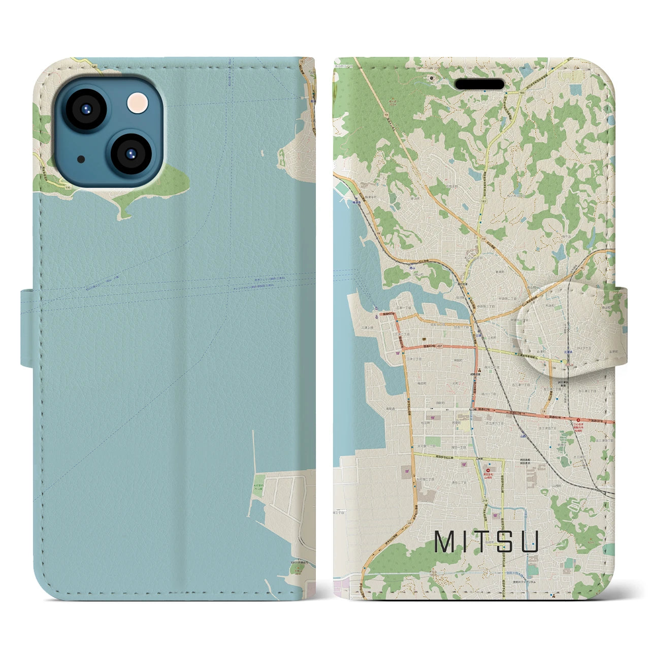 【三津(愛媛県)】地図柄iPhoneケース(手帳タイプ)ナチュラル・iPhone 13 用