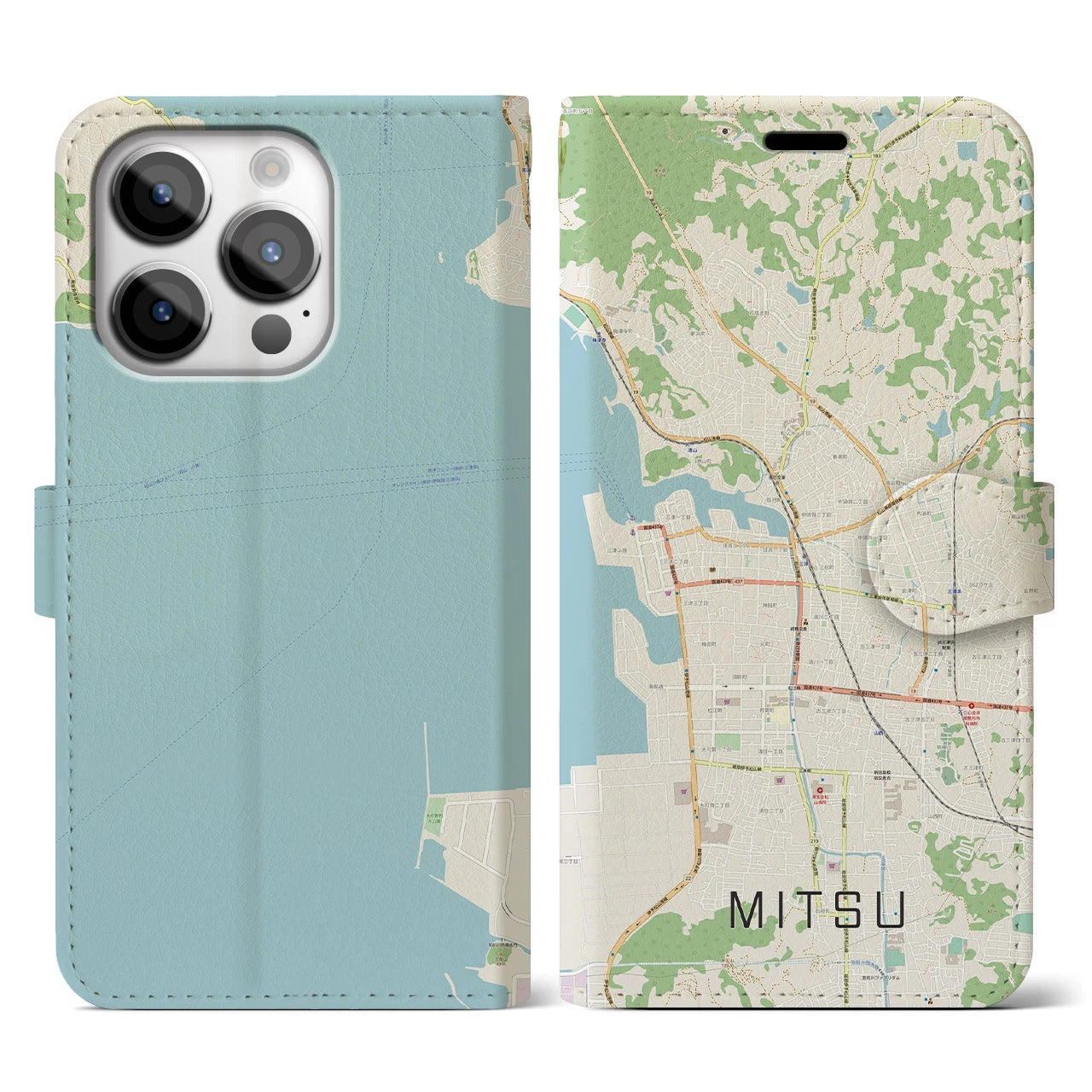 【三津(愛媛県)】地図柄iPhoneケース(手帳タイプ)ナチュラル・iPhone 14 Pro 用