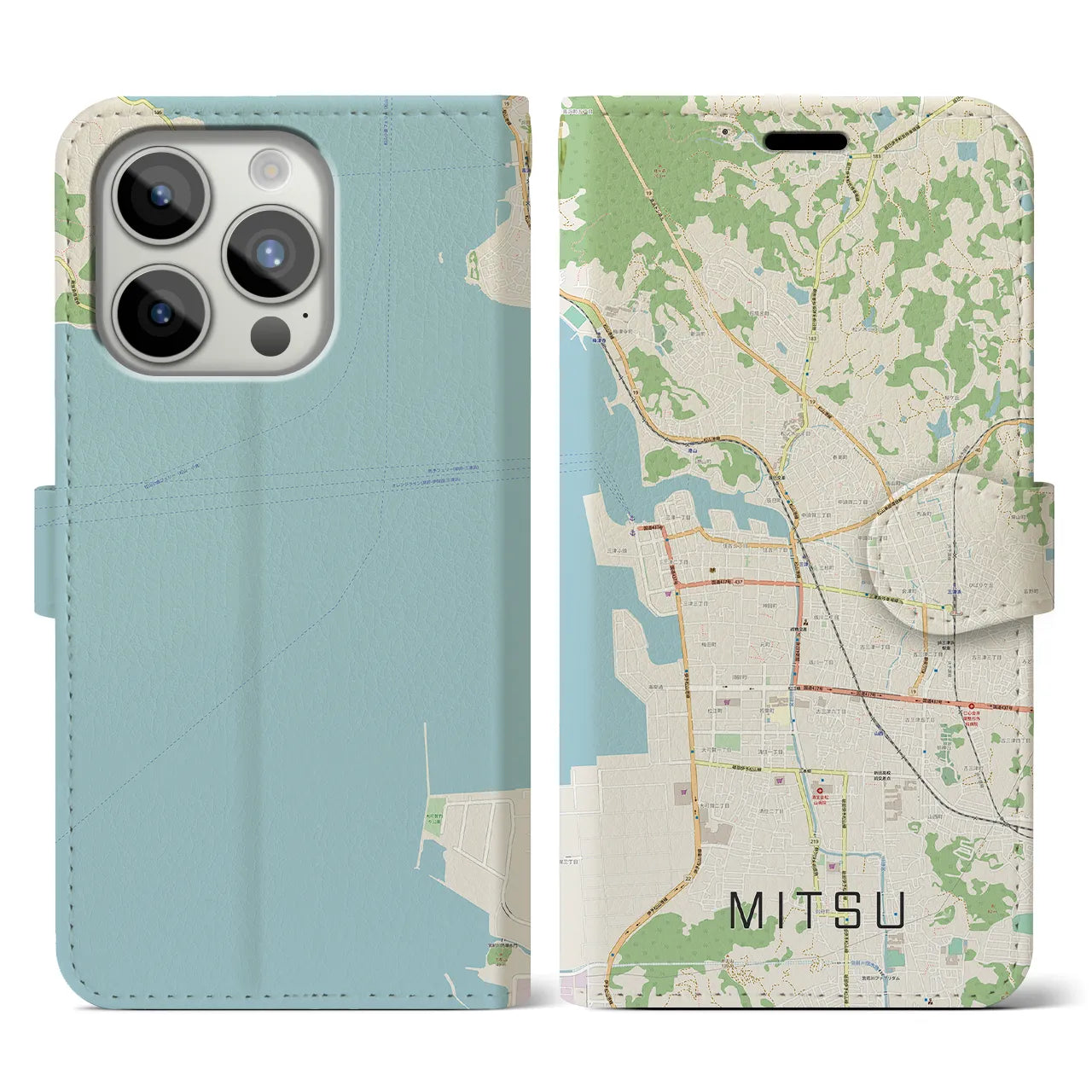 【三津(愛媛県)】地図柄iPhoneケース(手帳タイプ)ナチュラル・iPhone 15 Pro 用