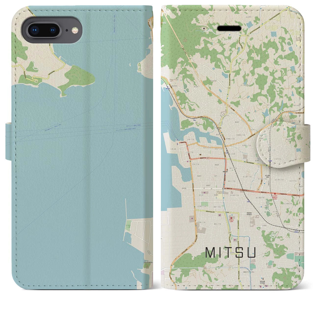 【三津(愛媛県)】地図柄iPhoneケース(手帳タイプ)ナチュラル・iPhone 8Plus /7Plus / 6sPlus / 6Plus 用