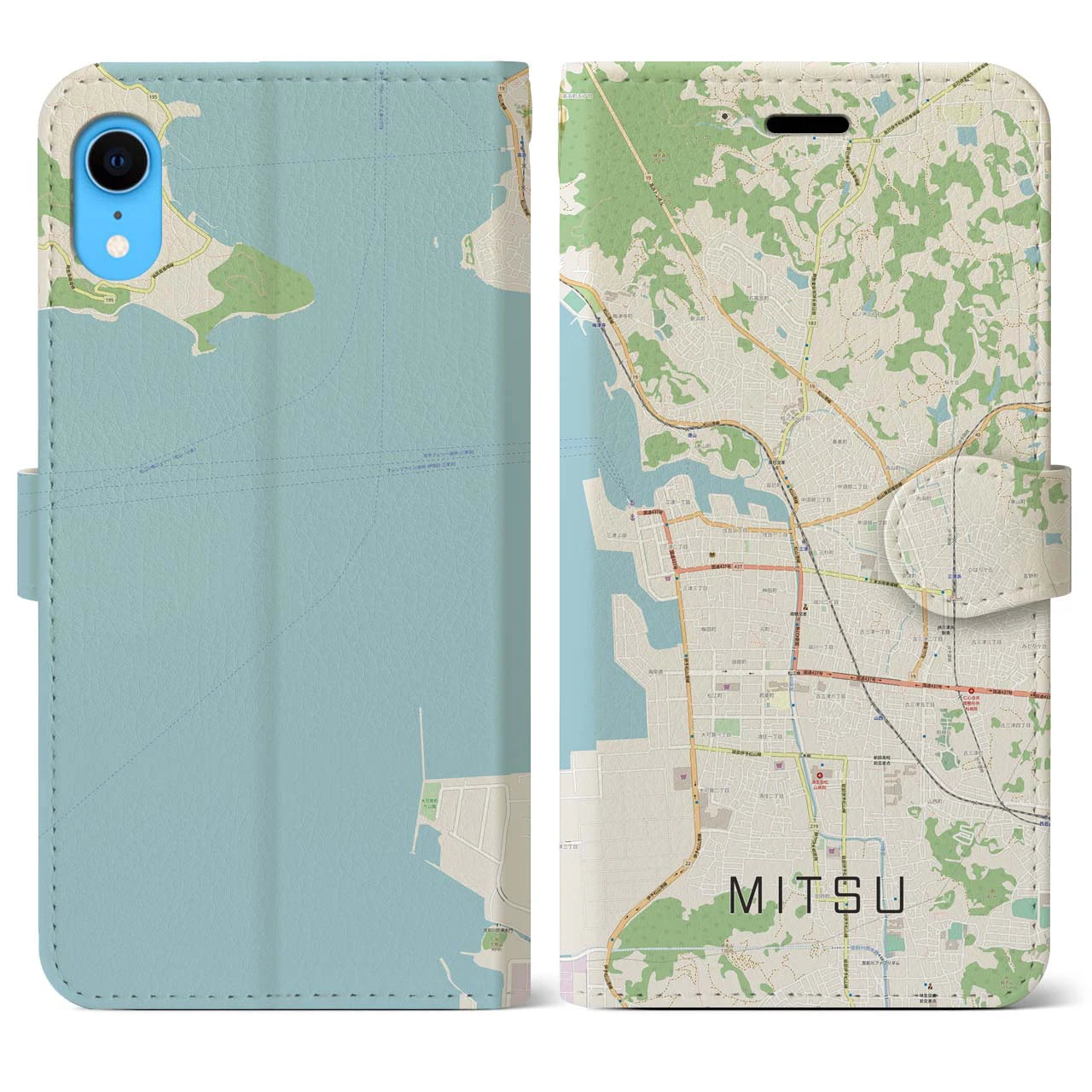 【三津(愛媛県)】地図柄iPhoneケース(手帳タイプ)ナチュラル・iPhone XR 用