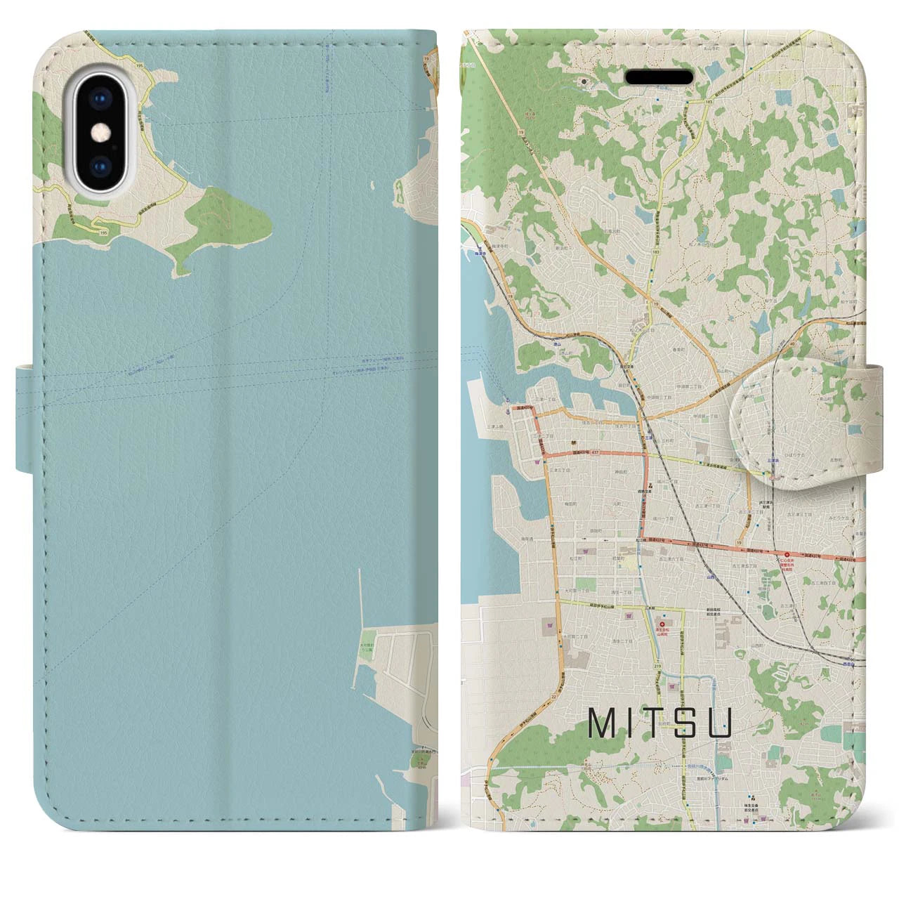【三津(愛媛県)】地図柄iPhoneケース(手帳タイプ)ナチュラル・iPhone XS Max 用