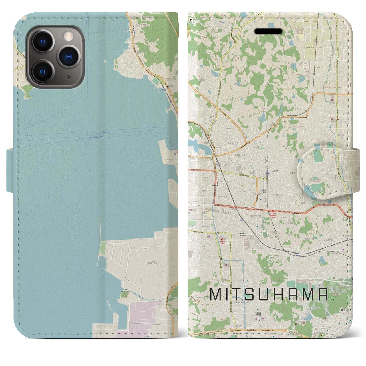 【三津浜(愛媛県)】地図柄iPhoneケース(手帳タイプ)ナチュラル・iPhone 11 Pro Max 用