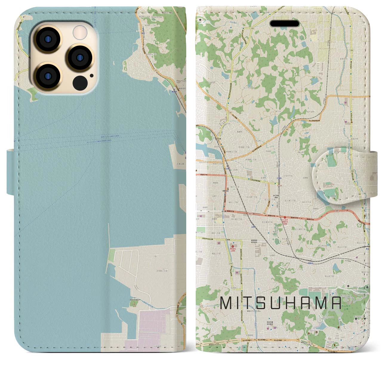 【三津浜(愛媛県)】地図柄iPhoneケース(手帳タイプ)ナチュラル・iPhone 12 Pro Max 用