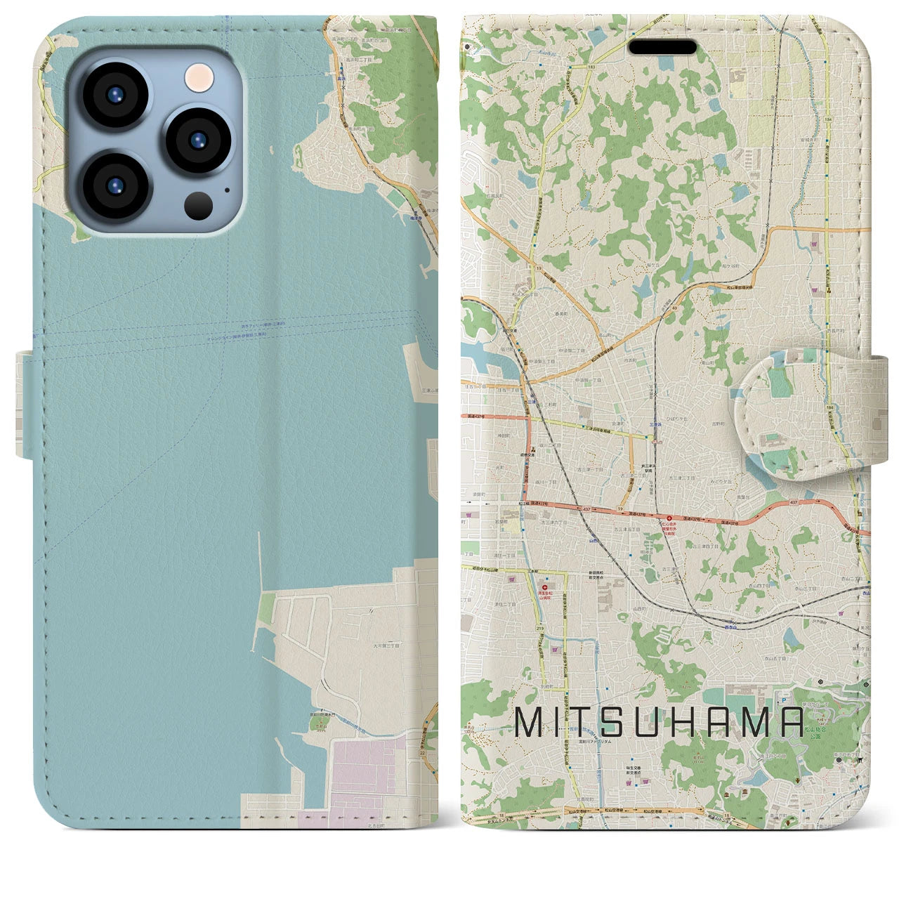 【三津浜(愛媛県)】地図柄iPhoneケース(手帳タイプ)ナチュラル・iPhone 13 Pro Max 用