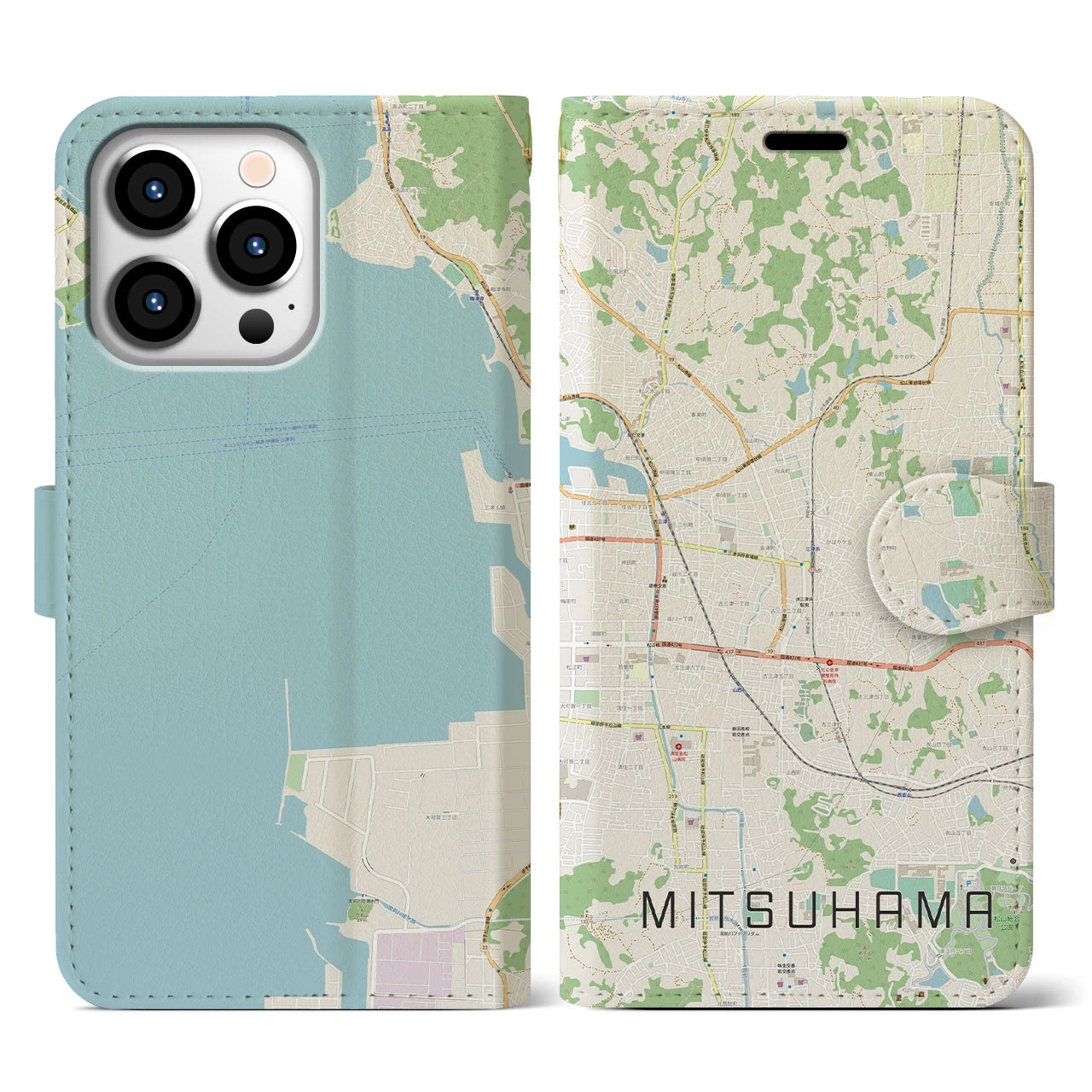 【三津浜(愛媛県)】地図柄iPhoneケース(手帳タイプ)ナチュラル・iPhone 13 Pro 用