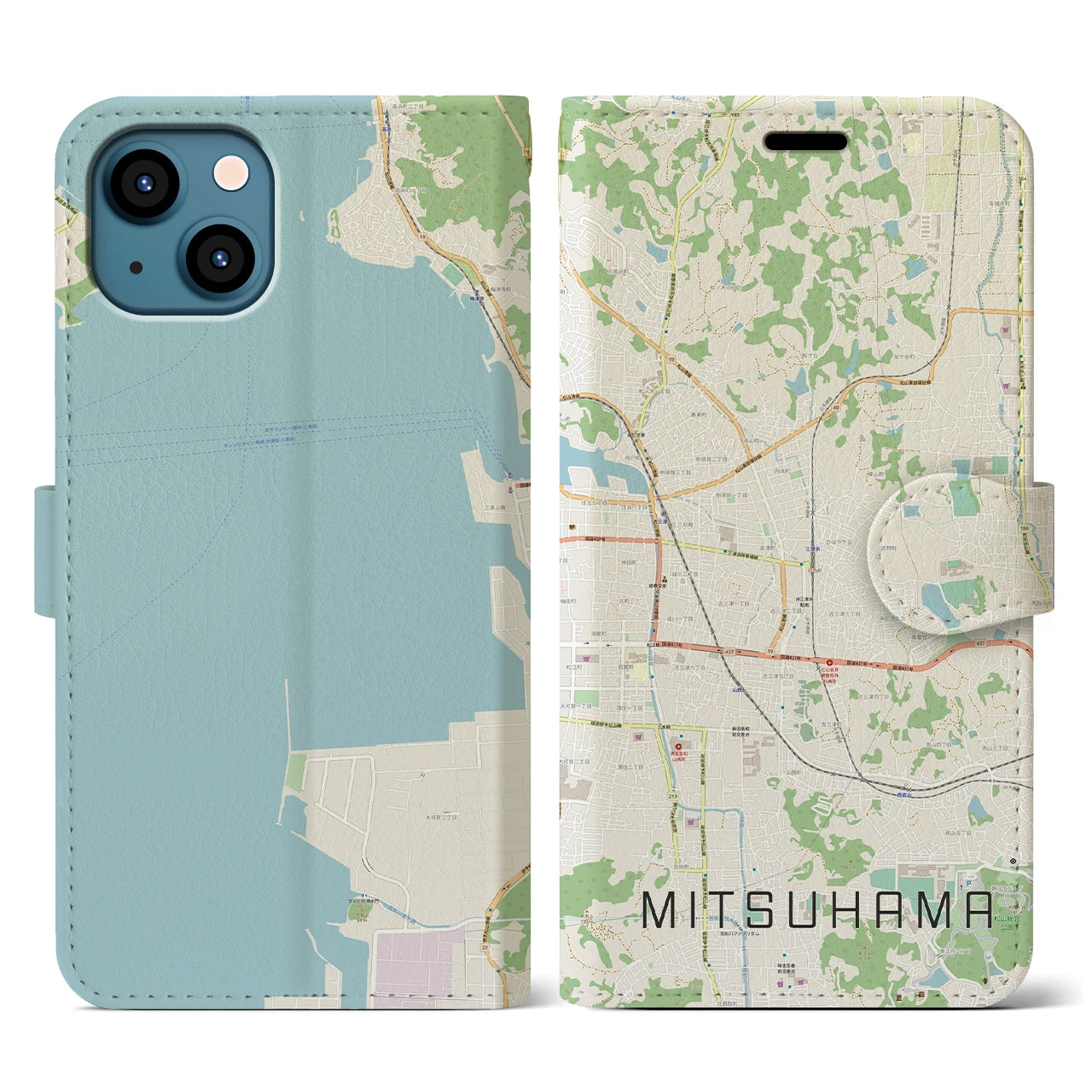 【三津浜(愛媛県)】地図柄iPhoneケース(手帳タイプ)ナチュラル・iPhone 13 用