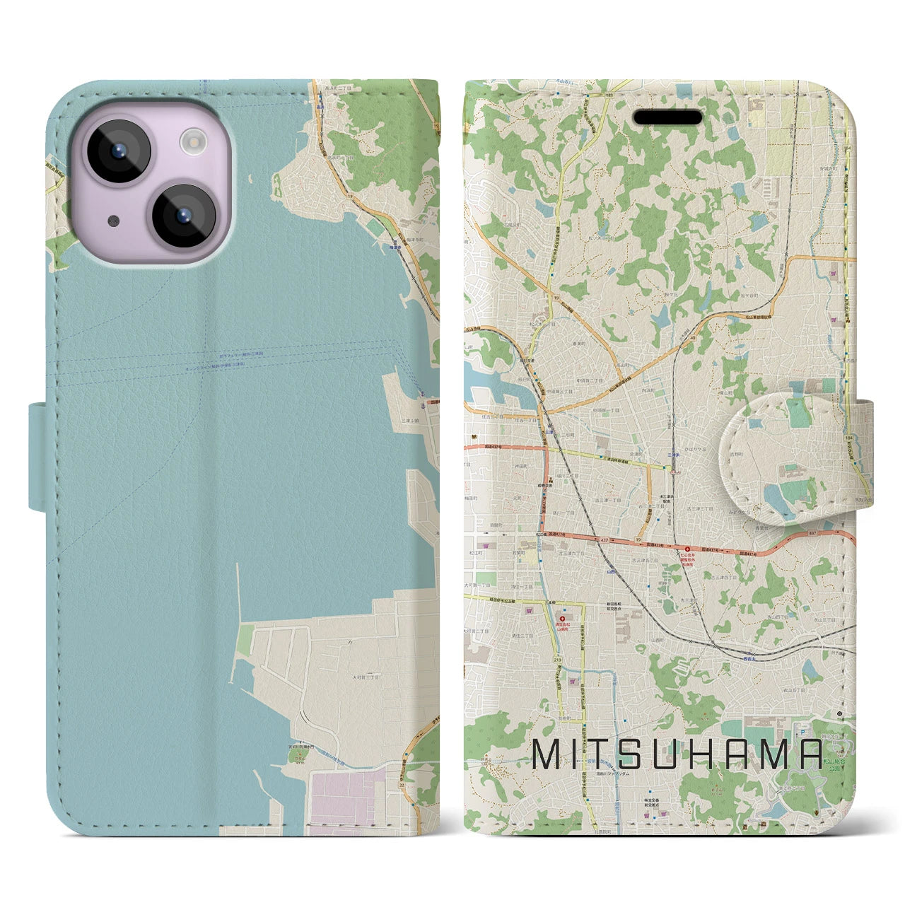 【三津浜(愛媛県)】地図柄iPhoneケース(手帳タイプ)ナチュラル・iPhone 14 用