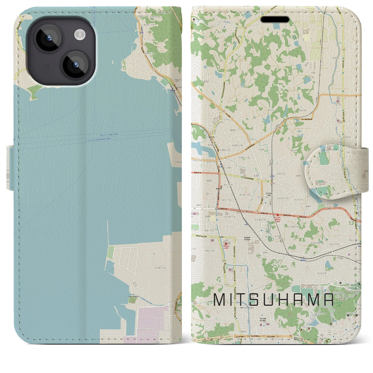【三津浜(愛媛県)】地図柄iPhoneケース(手帳タイプ)ナチュラル・iPhone 14 Plus 用