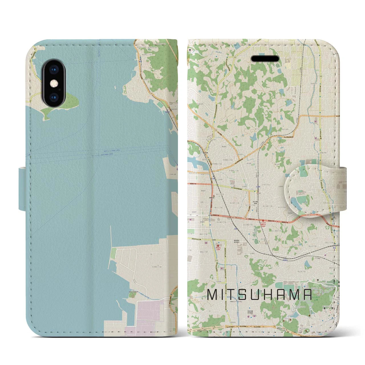 【三津浜(愛媛県)】地図柄iPhoneケース(手帳タイプ)ナチュラル・iPhone XS / X 用