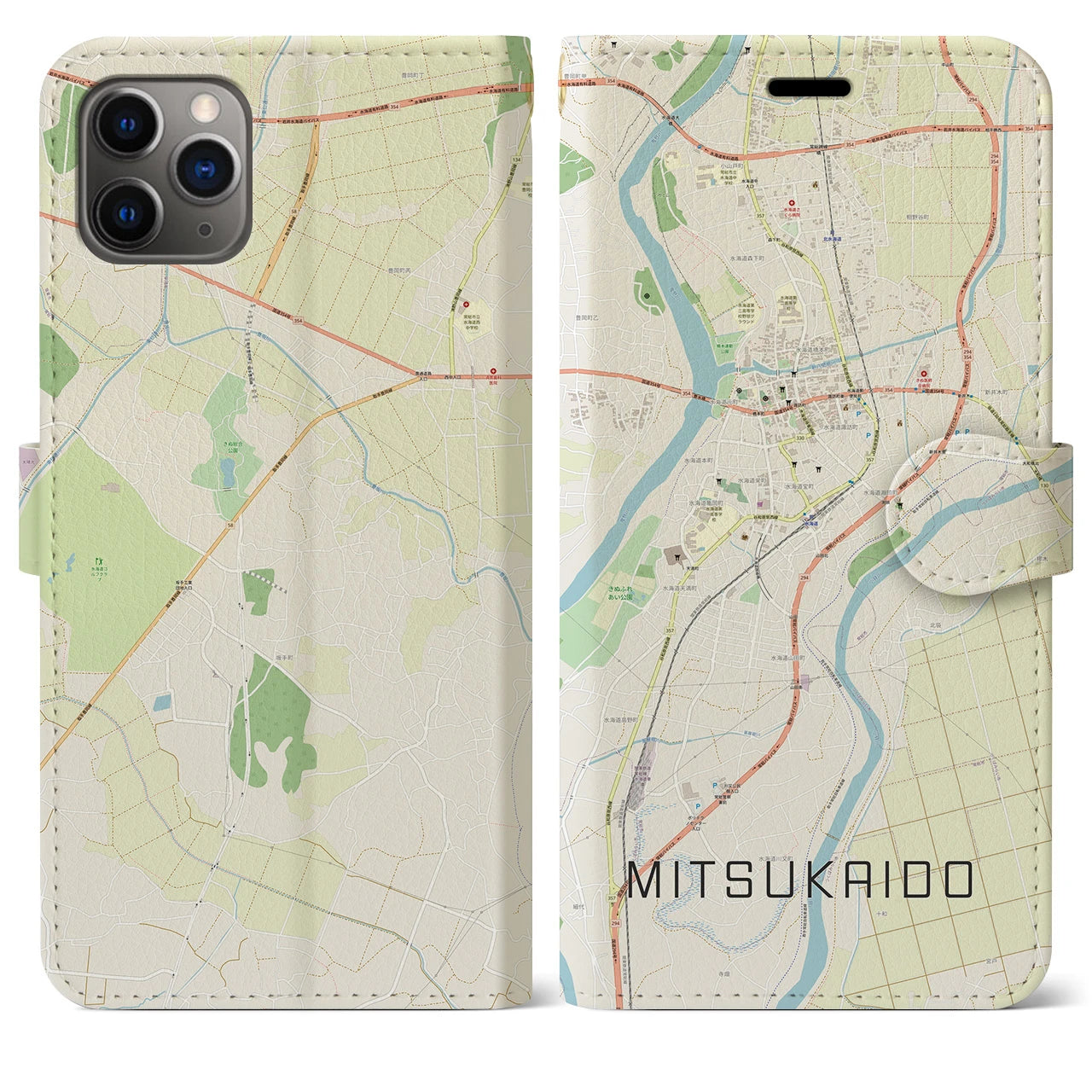 【水海道(茨城県)】地図柄iPhoneケース(手帳タイプ)ナチュラル・iPhone 11 Pro Max 用