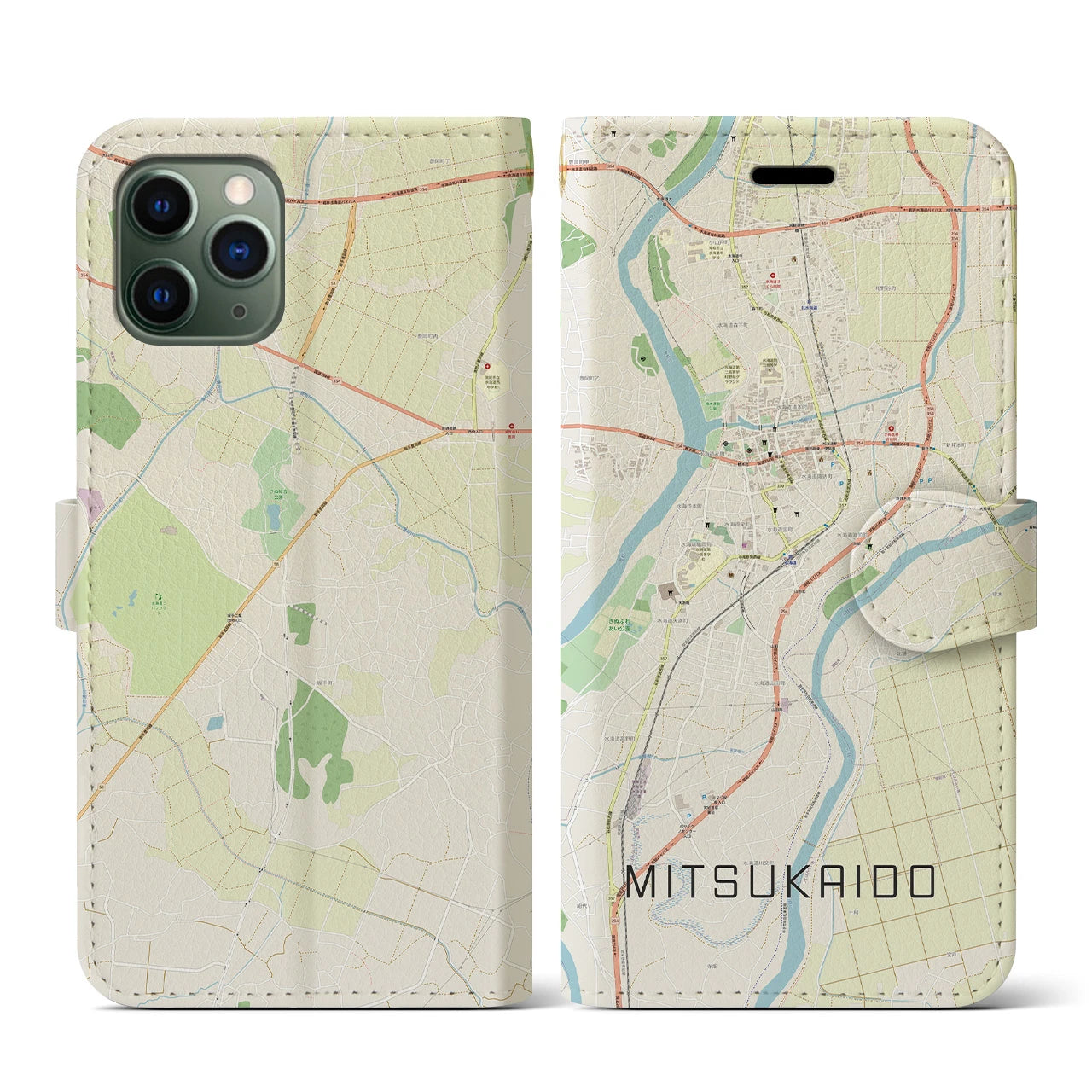 【水海道(茨城県)】地図柄iPhoneケース(手帳タイプ)ナチュラル・iPhone 11 Pro 用