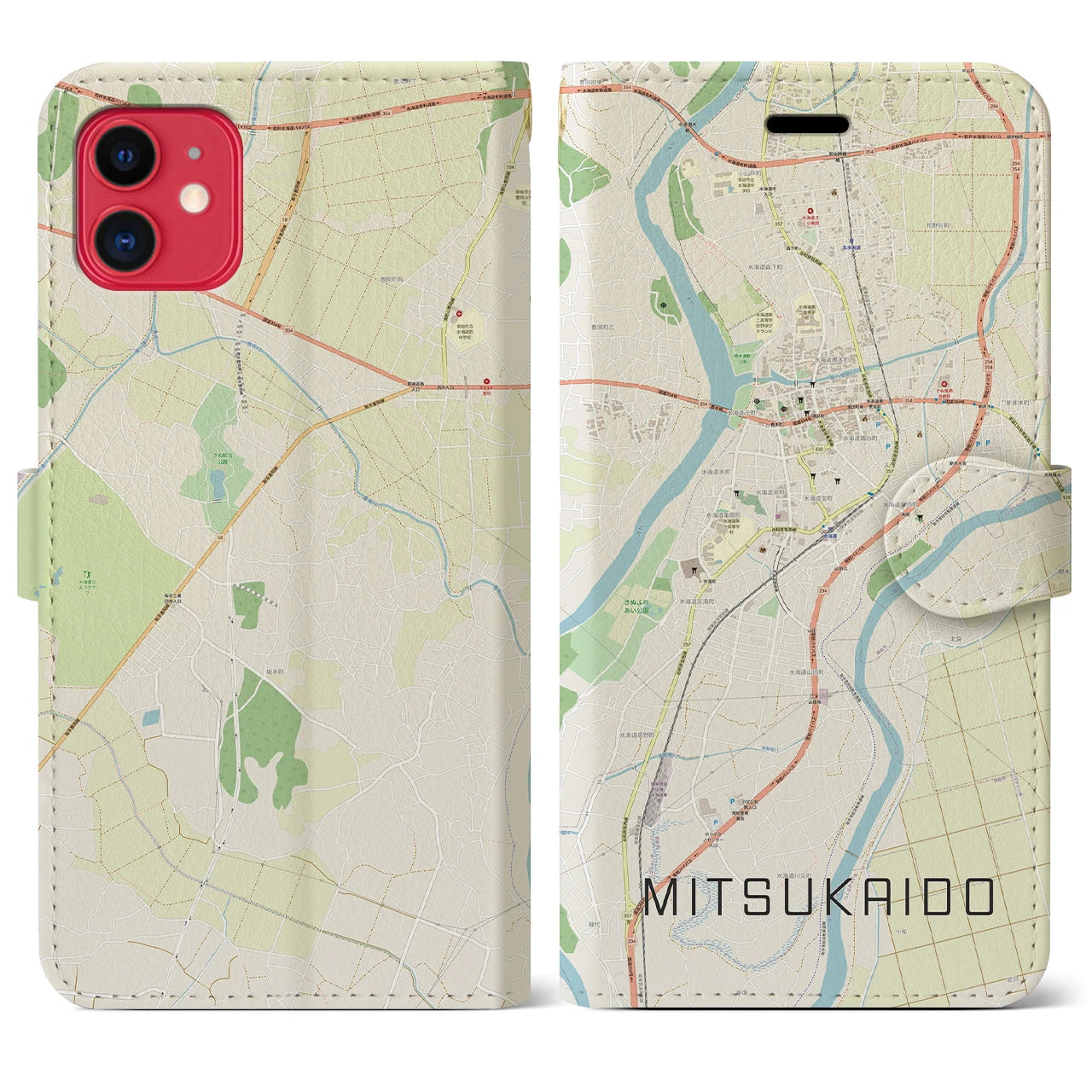 【水海道(茨城県)】地図柄iPhoneケース(手帳タイプ)ナチュラル・iPhone 11 用