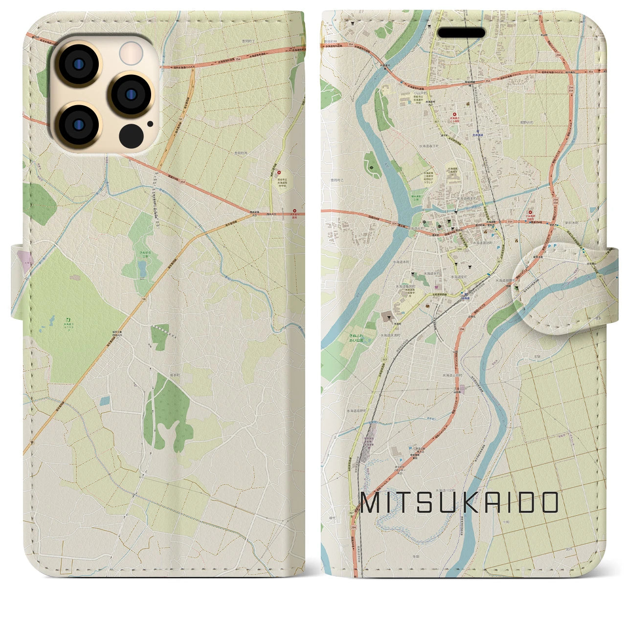 【水海道(茨城県)】地図柄iPhoneケース(手帳タイプ)ナチュラル・iPhone 12 Pro Max 用