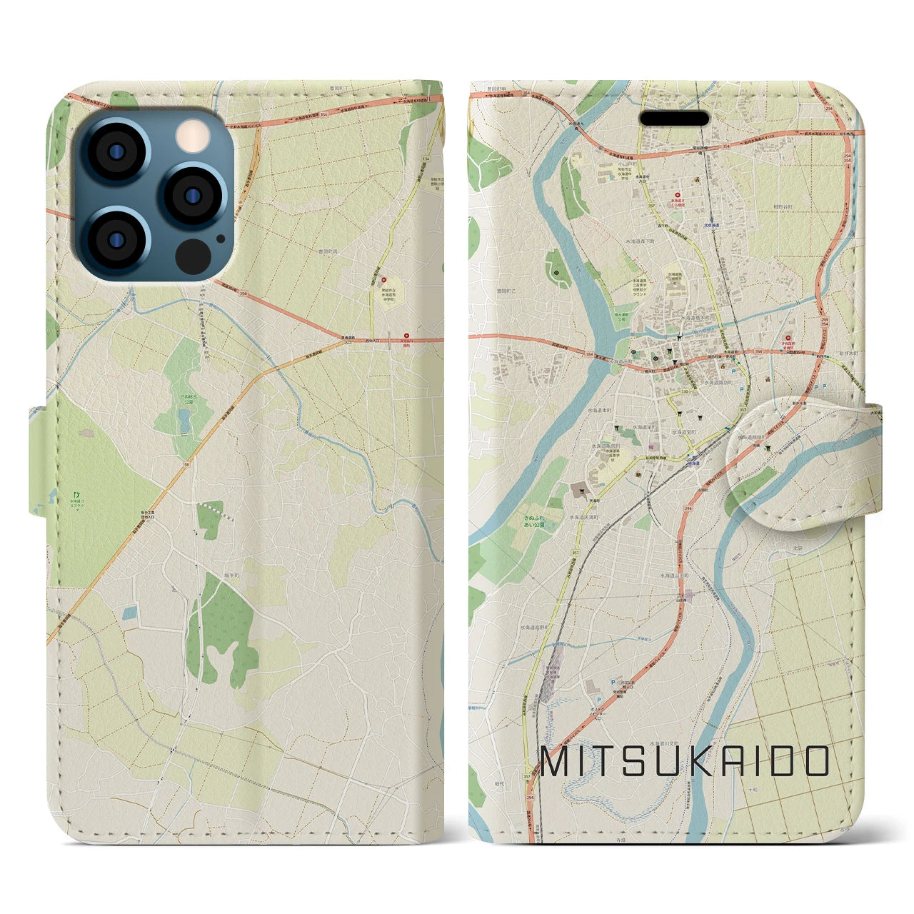 【水海道(茨城県)】地図柄iPhoneケース(手帳タイプ)ナチュラル・iPhone 12 / 12 Pro 用