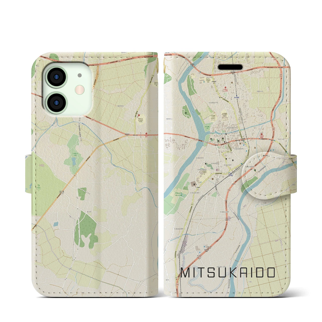 【水海道(茨城県)】地図柄iPhoneケース(手帳タイプ)ナチュラル・iPhone 12 mini 用