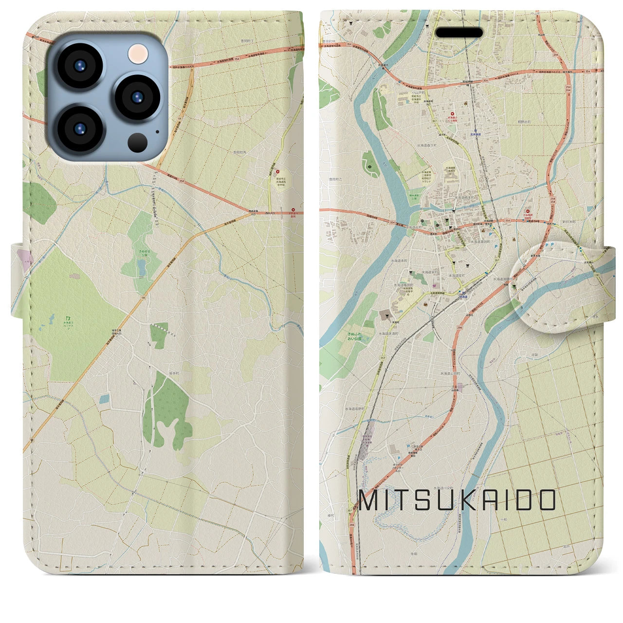 【水海道(茨城県)】地図柄iPhoneケース(手帳タイプ)ナチュラル・iPhone 13 Pro Max 用