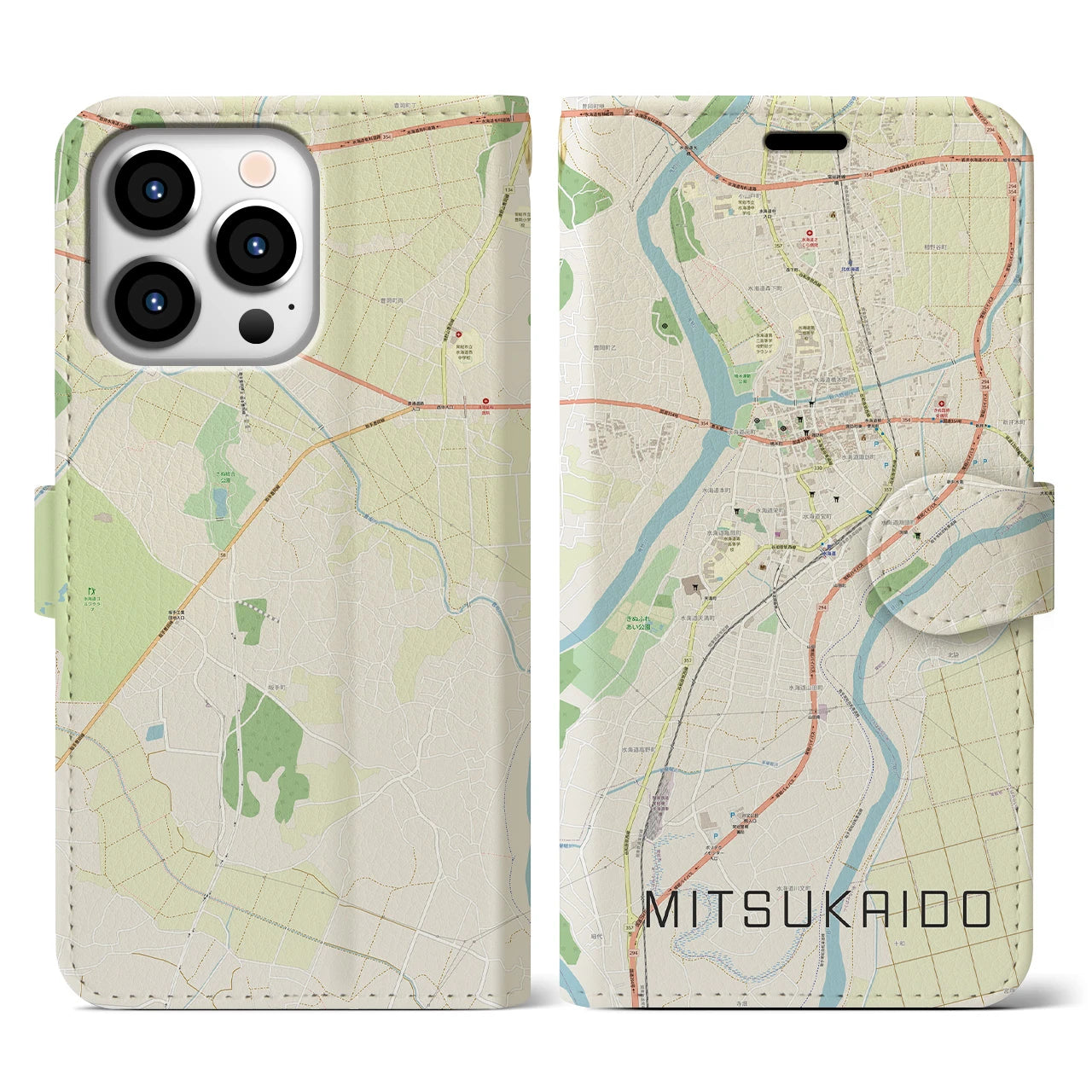 【水海道(茨城県)】地図柄iPhoneケース(手帳タイプ)ナチュラル・iPhone 13 Pro 用