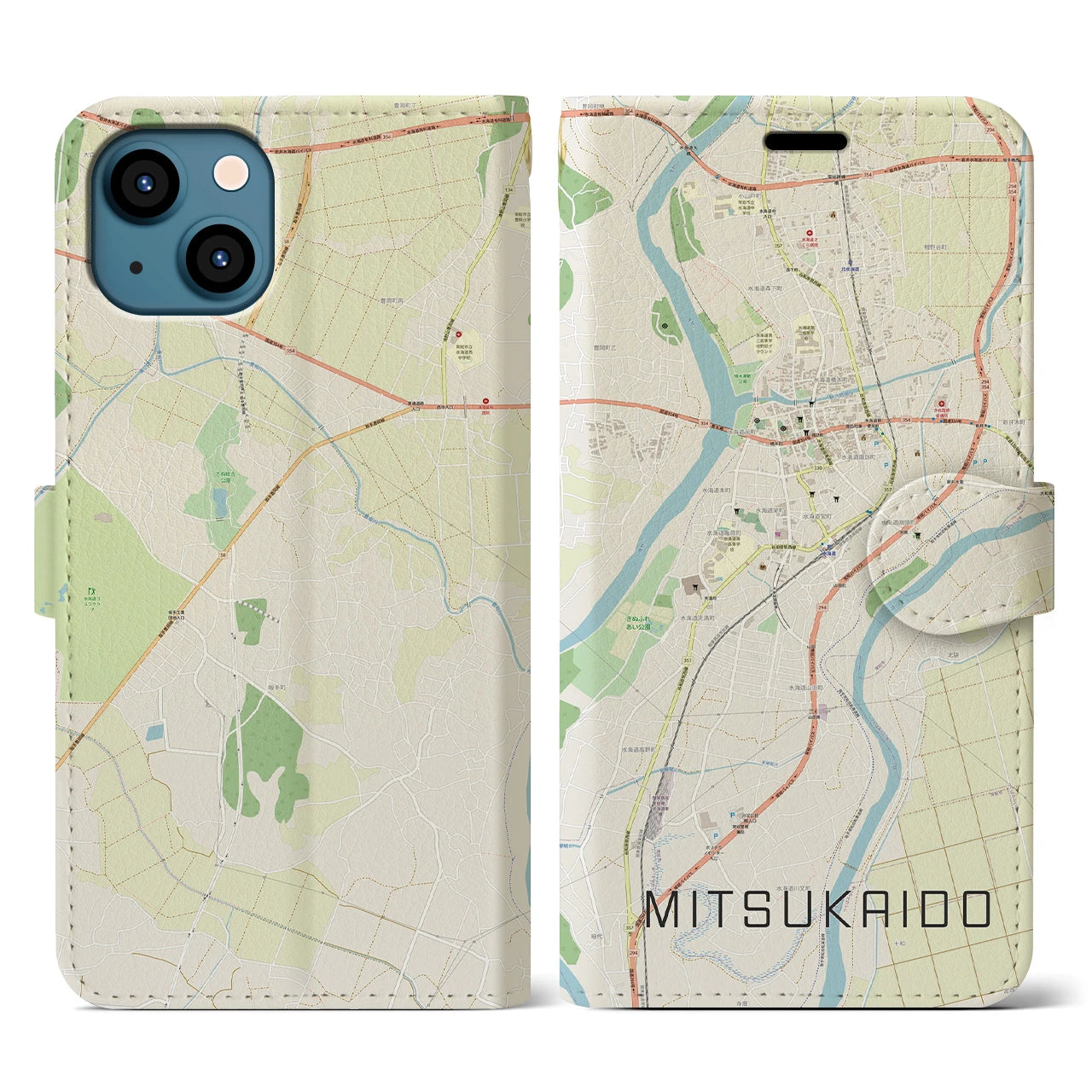 【水海道(茨城県)】地図柄iPhoneケース(手帳タイプ)ナチュラル・iPhone 13 用