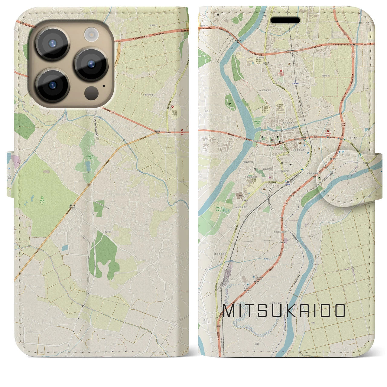 【水海道(茨城県)】地図柄iPhoneケース(手帳タイプ)ナチュラル・iPhone 14 Pro Max 用