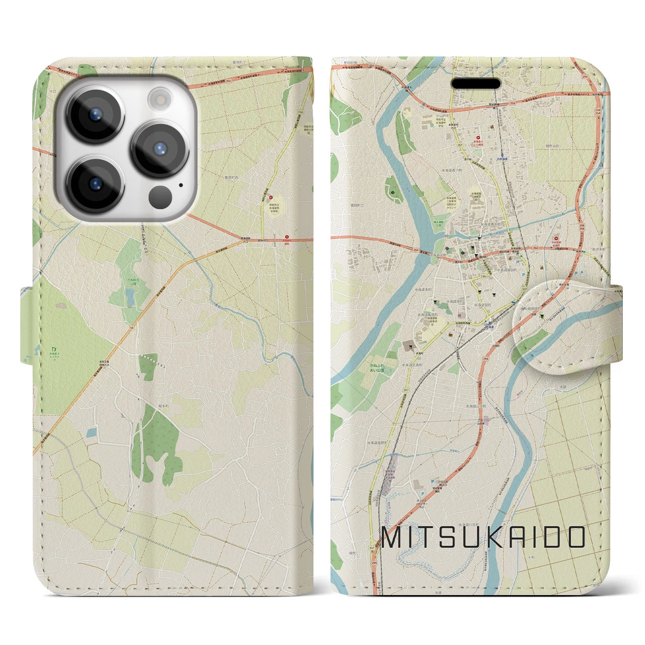 【水海道(茨城県)】地図柄iPhoneケース(手帳タイプ)ナチュラル・iPhone 14 Pro 用