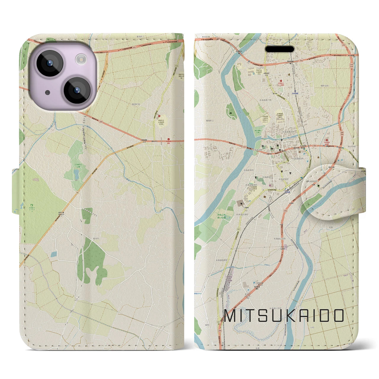 【水海道(茨城県)】地図柄iPhoneケース(手帳タイプ)ナチュラル・iPhone 14 用