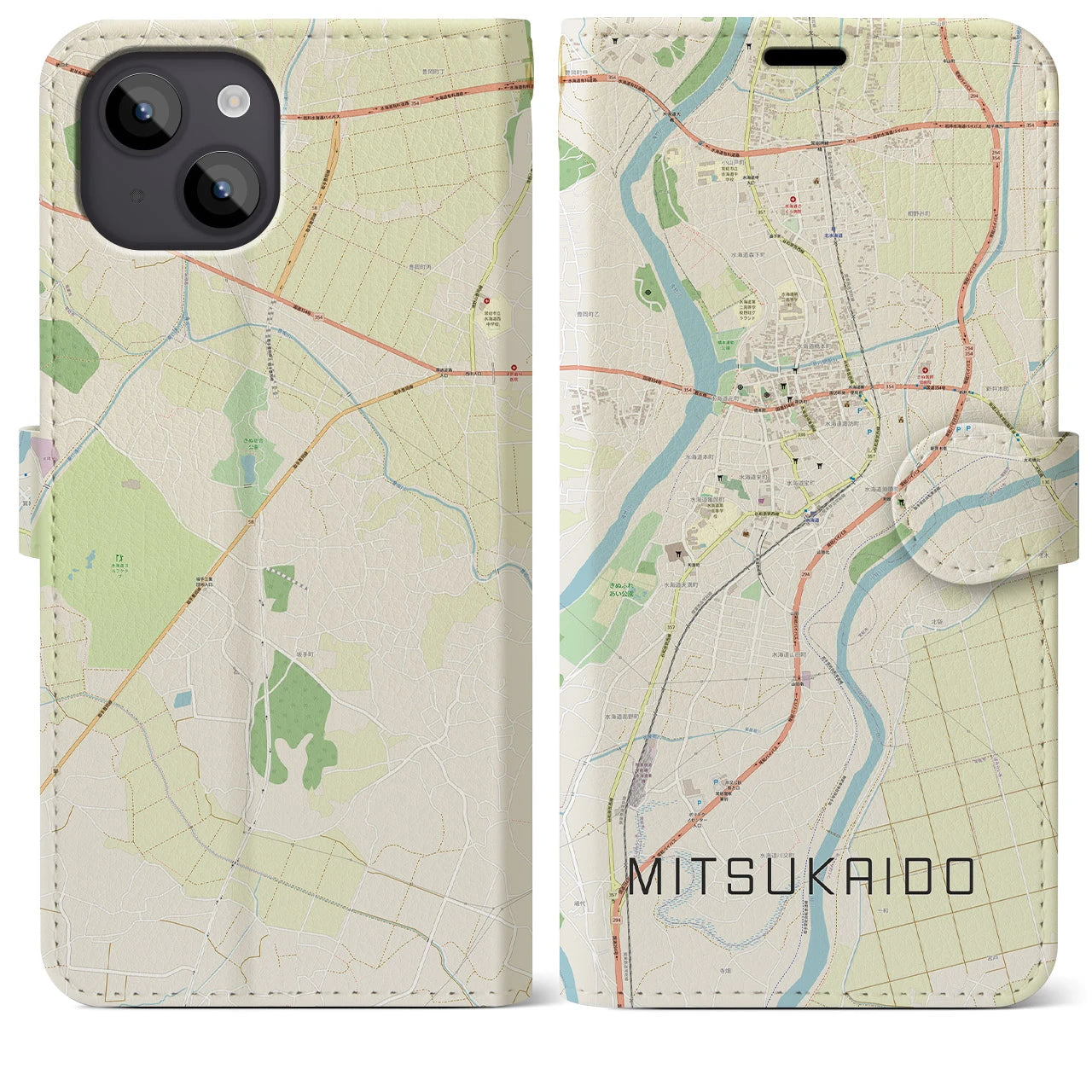 【水海道(茨城県)】地図柄iPhoneケース(手帳タイプ)ナチュラル・iPhone 14 Plus 用