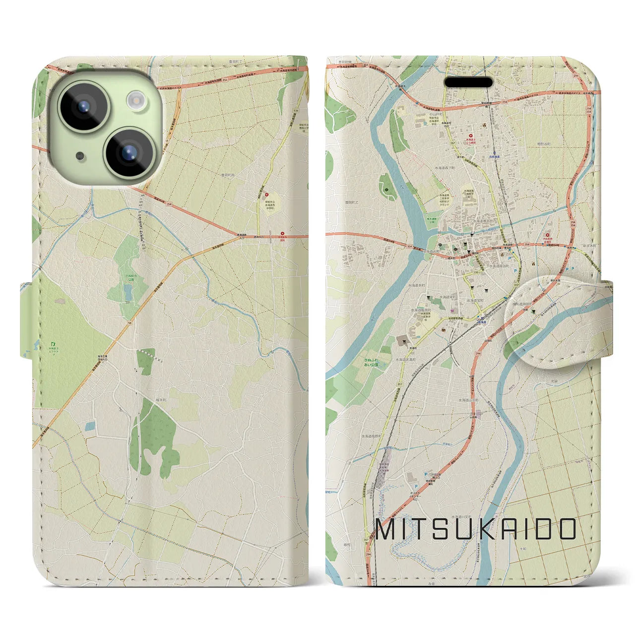 【水海道(茨城県)】地図柄iPhoneケース(手帳タイプ)ナチュラル・iPhone 15 用