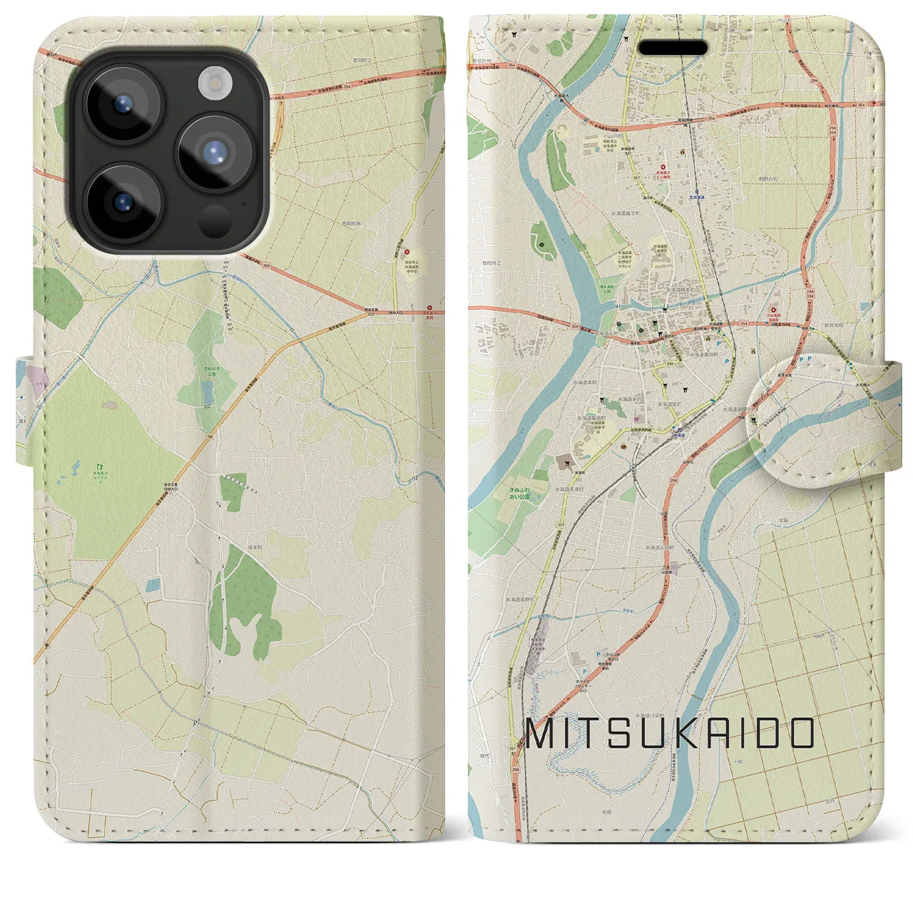 【水海道(茨城県)】地図柄iPhoneケース(手帳タイプ)ナチュラル・iPhone 15 Pro Max 用