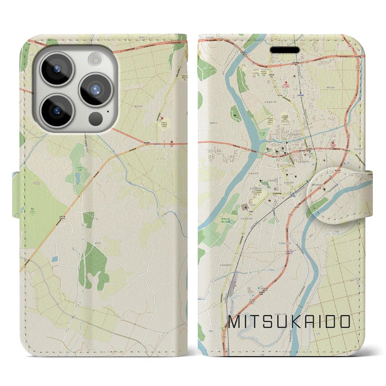 【水海道(茨城県)】地図柄iPhoneケース(手帳タイプ)ナチュラル・iPhone 15 Pro 用