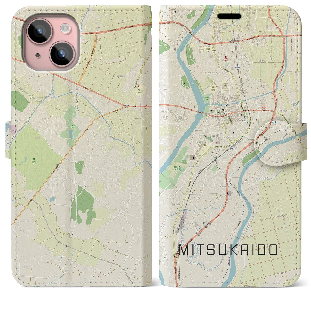 【水海道(茨城県)】地図柄iPhoneケース(手帳タイプ)ナチュラル・iPhone 15 Plus 用
