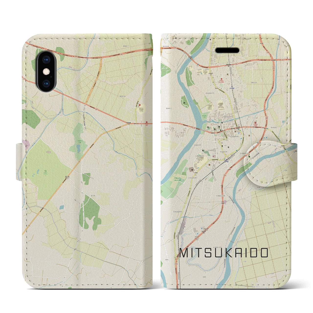 【水海道(茨城県)】地図柄iPhoneケース(手帳タイプ)ナチュラル・iPhone XS / X 用