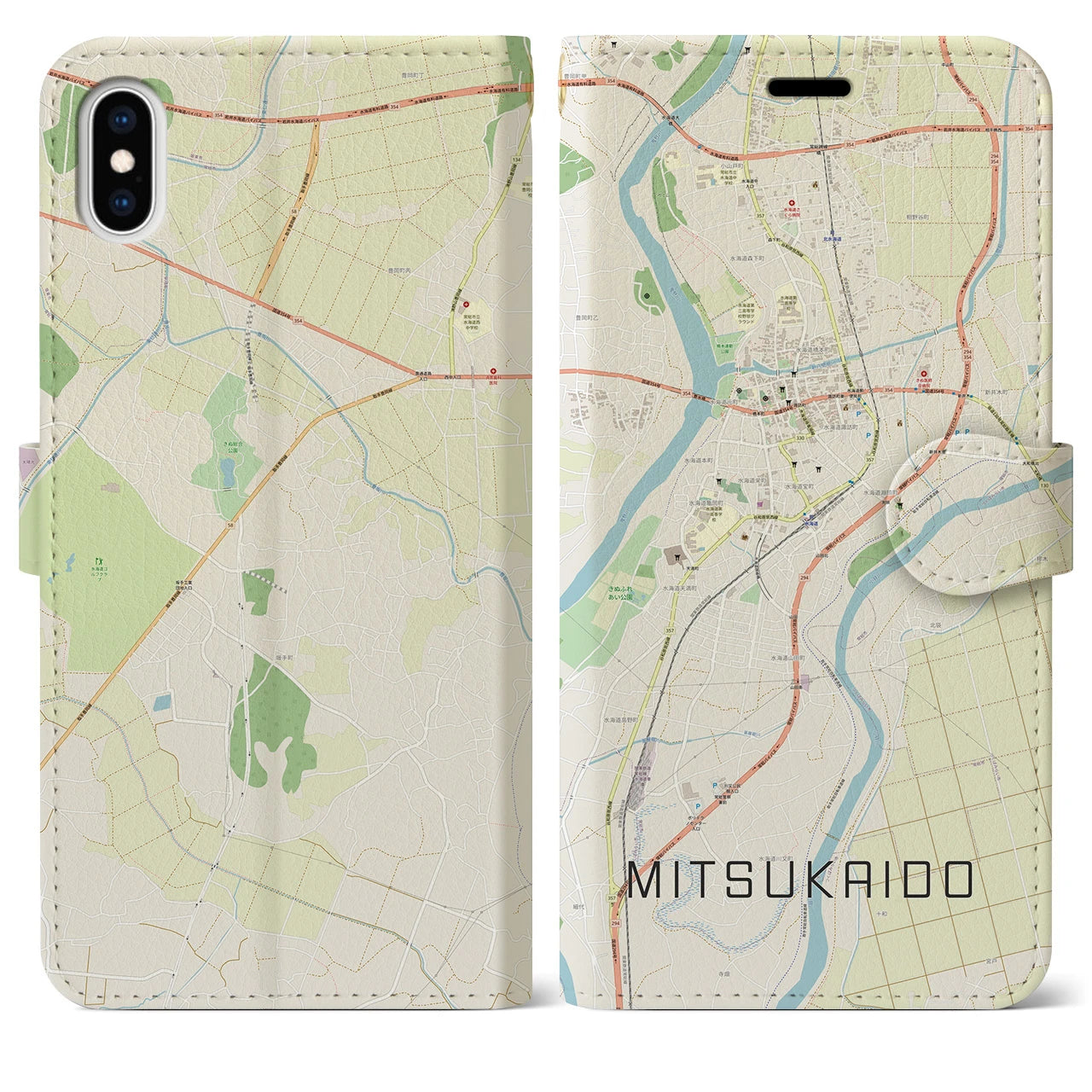 【水海道(茨城県)】地図柄iPhoneケース(手帳タイプ)ナチュラル・iPhone XS Max 用