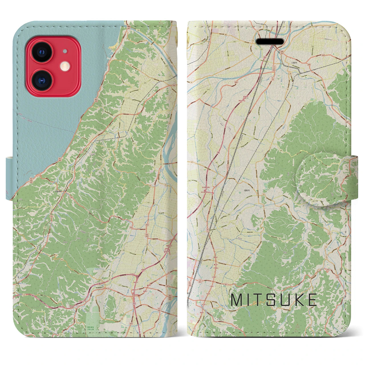 【見附(新潟県)】地図柄iPhoneケース(手帳タイプ)ナチュラル・iPhone 11 用