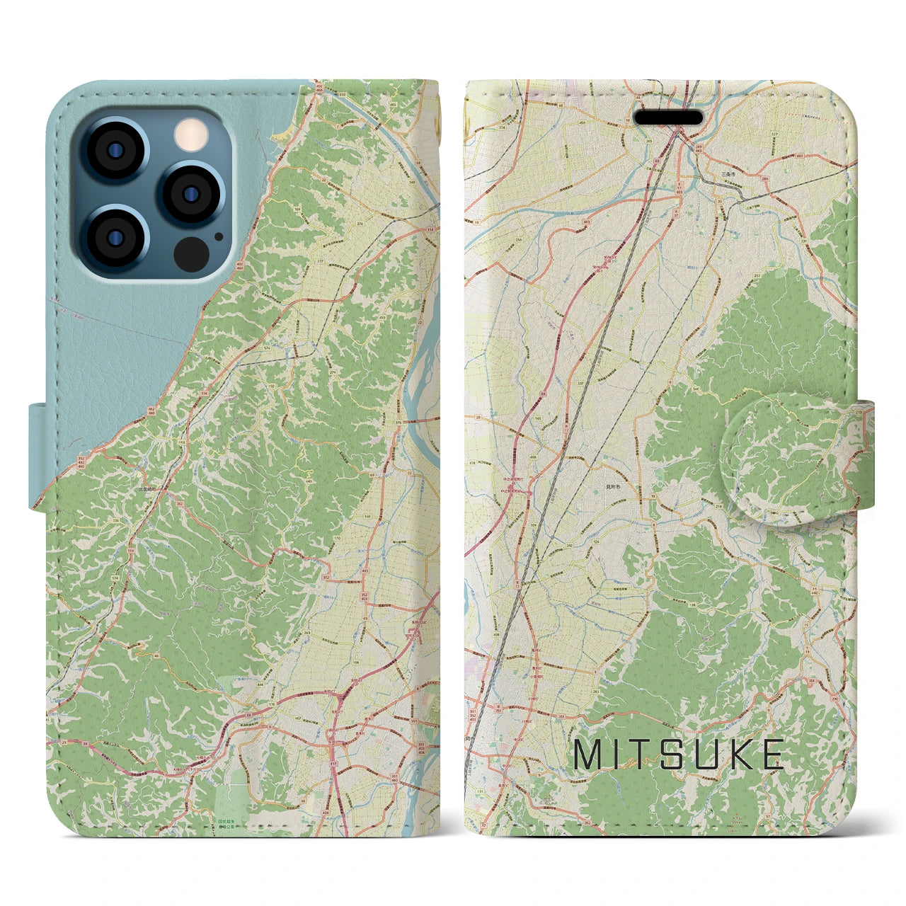 【見附(新潟県)】地図柄iPhoneケース(手帳タイプ)ナチュラル・iPhone 12 / 12 Pro 用