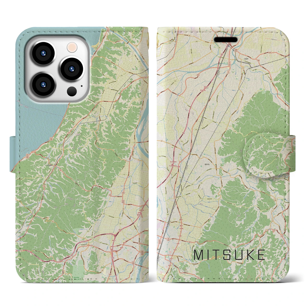 【見附(新潟県)】地図柄iPhoneケース(手帳タイプ)ナチュラル・iPhone 13 Pro 用