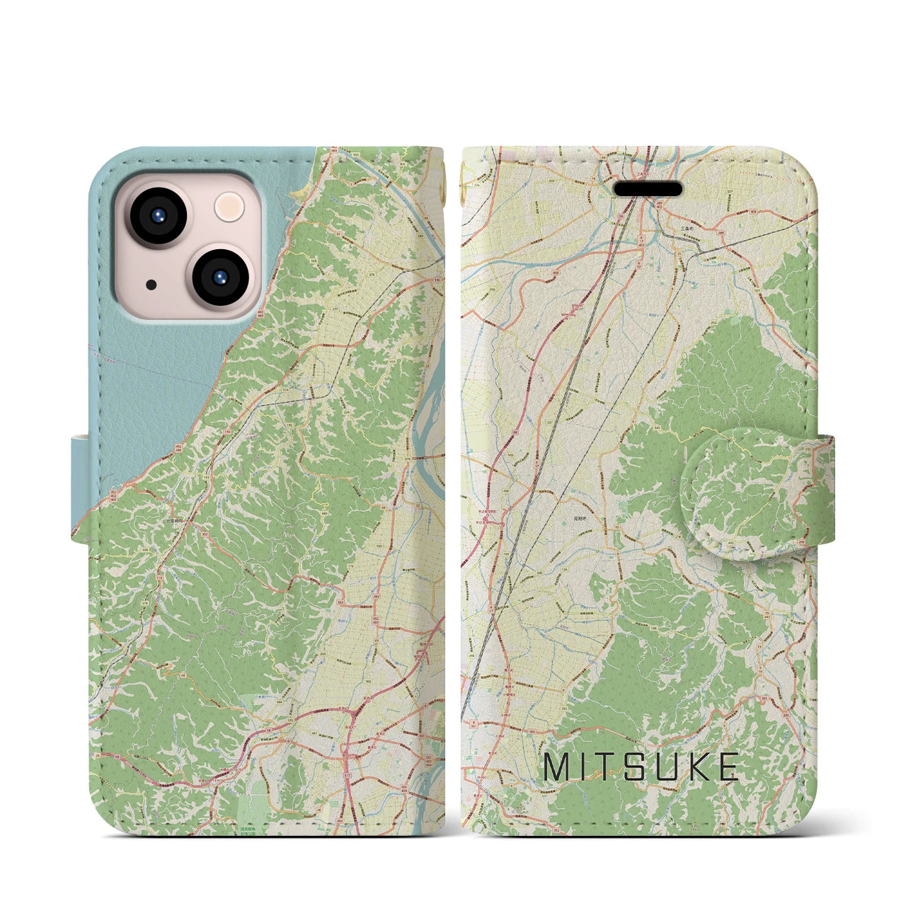 【見附(新潟県)】地図柄iPhoneケース(手帳タイプ)ナチュラル・iPhone 13 mini 用