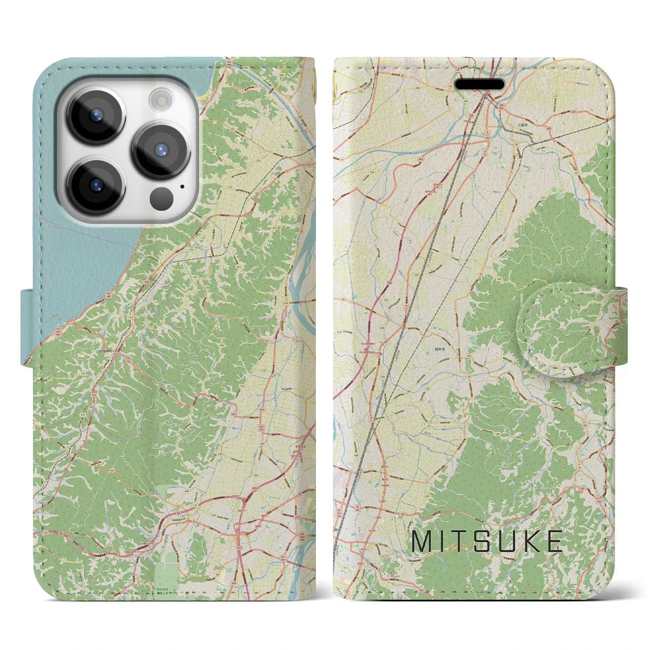 【見附(新潟県)】地図柄iPhoneケース(手帳タイプ)ナチュラル・iPhone 14 Pro 用