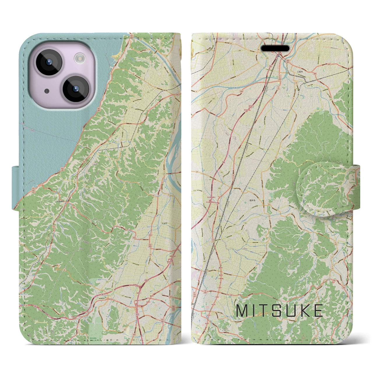 【見附(新潟県)】地図柄iPhoneケース(手帳タイプ)ナチュラル・iPhone 14 用