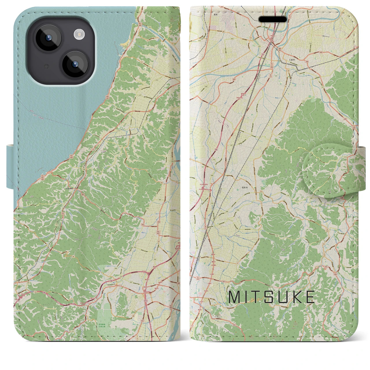 【見附(新潟県)】地図柄iPhoneケース(手帳タイプ)ナチュラル・iPhone 14 Plus 用