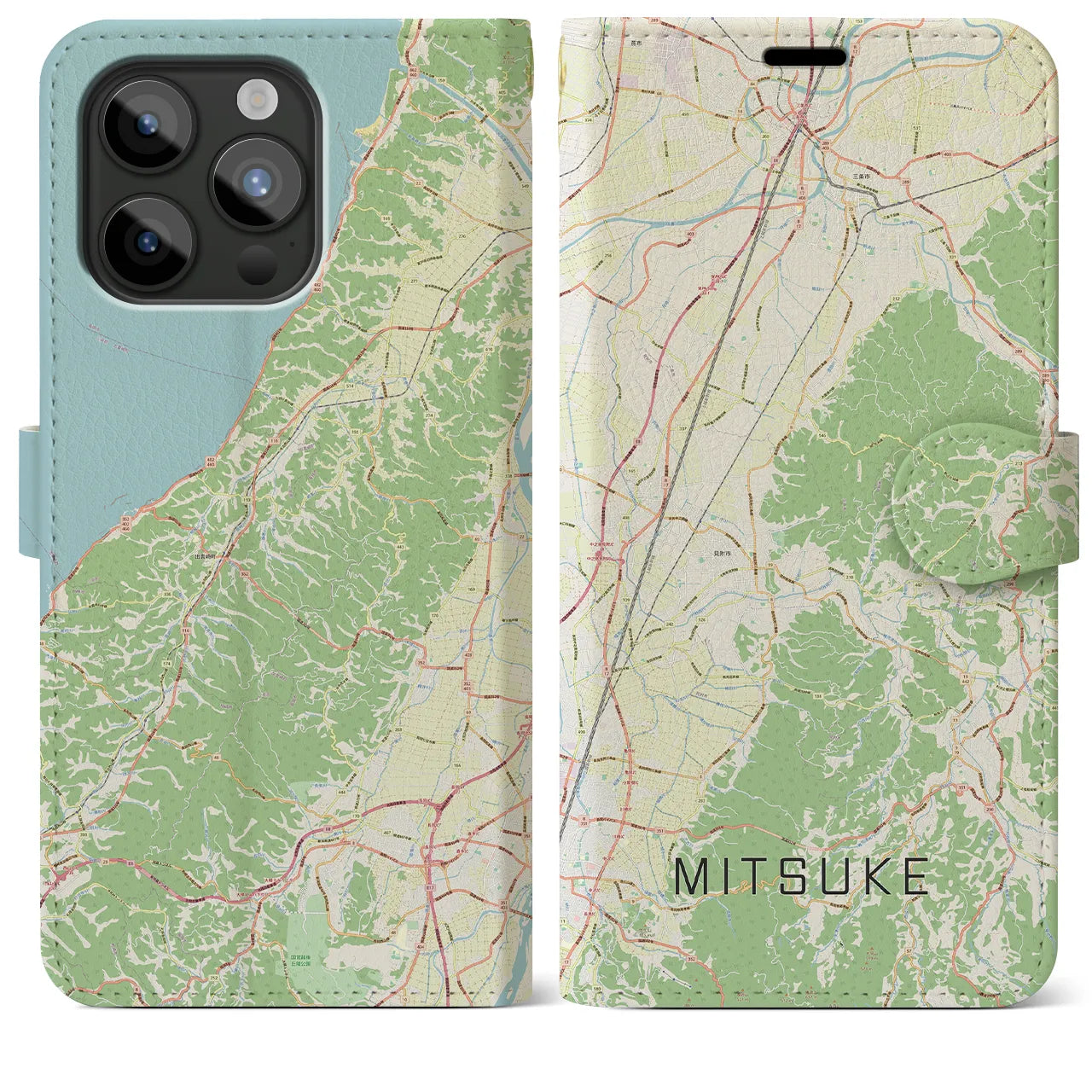 【見附(新潟県)】地図柄iPhoneケース(手帳タイプ)ナチュラル・iPhone 15 Pro Max 用