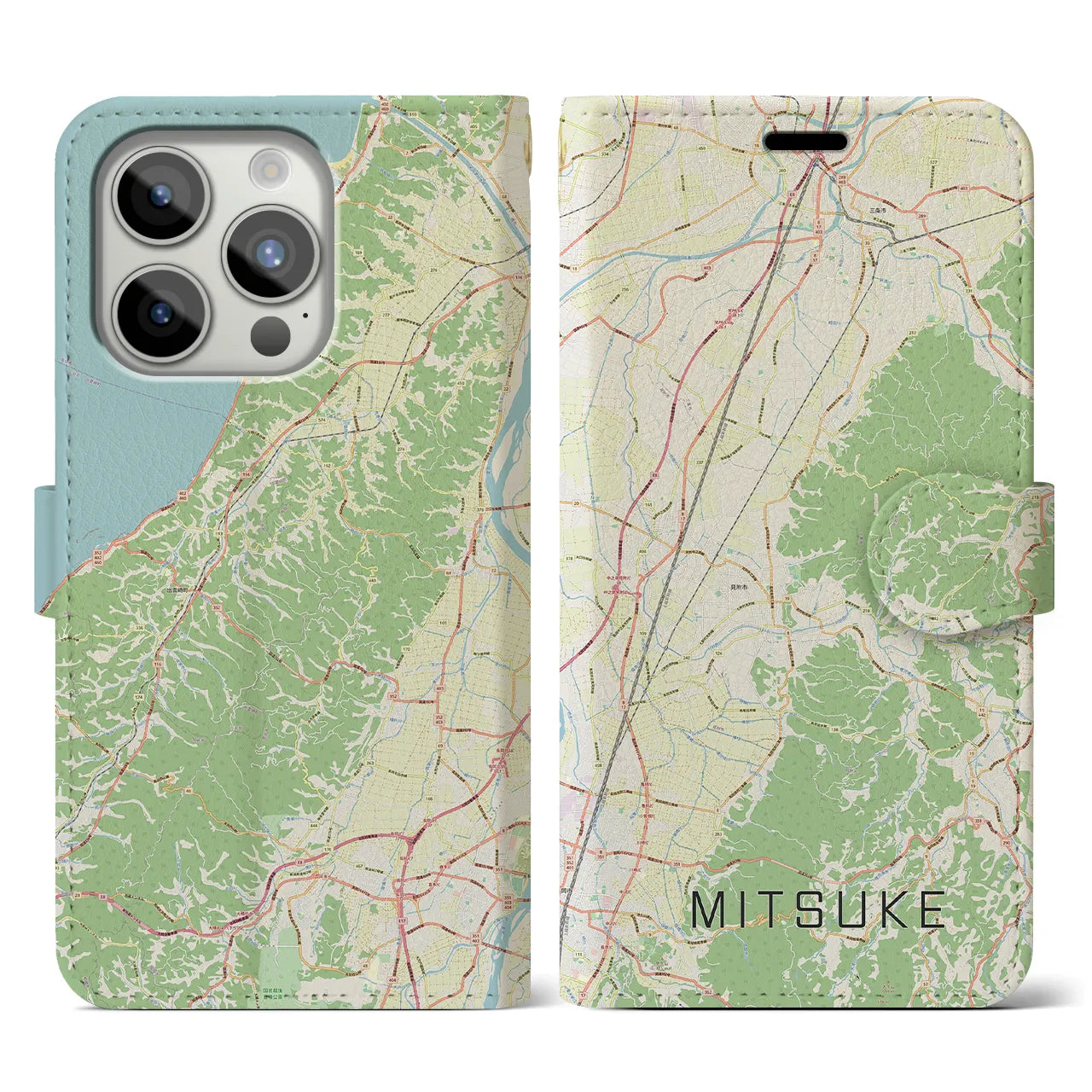 【見附(新潟県)】地図柄iPhoneケース(手帳タイプ)ナチュラル・iPhone 15 Pro 用