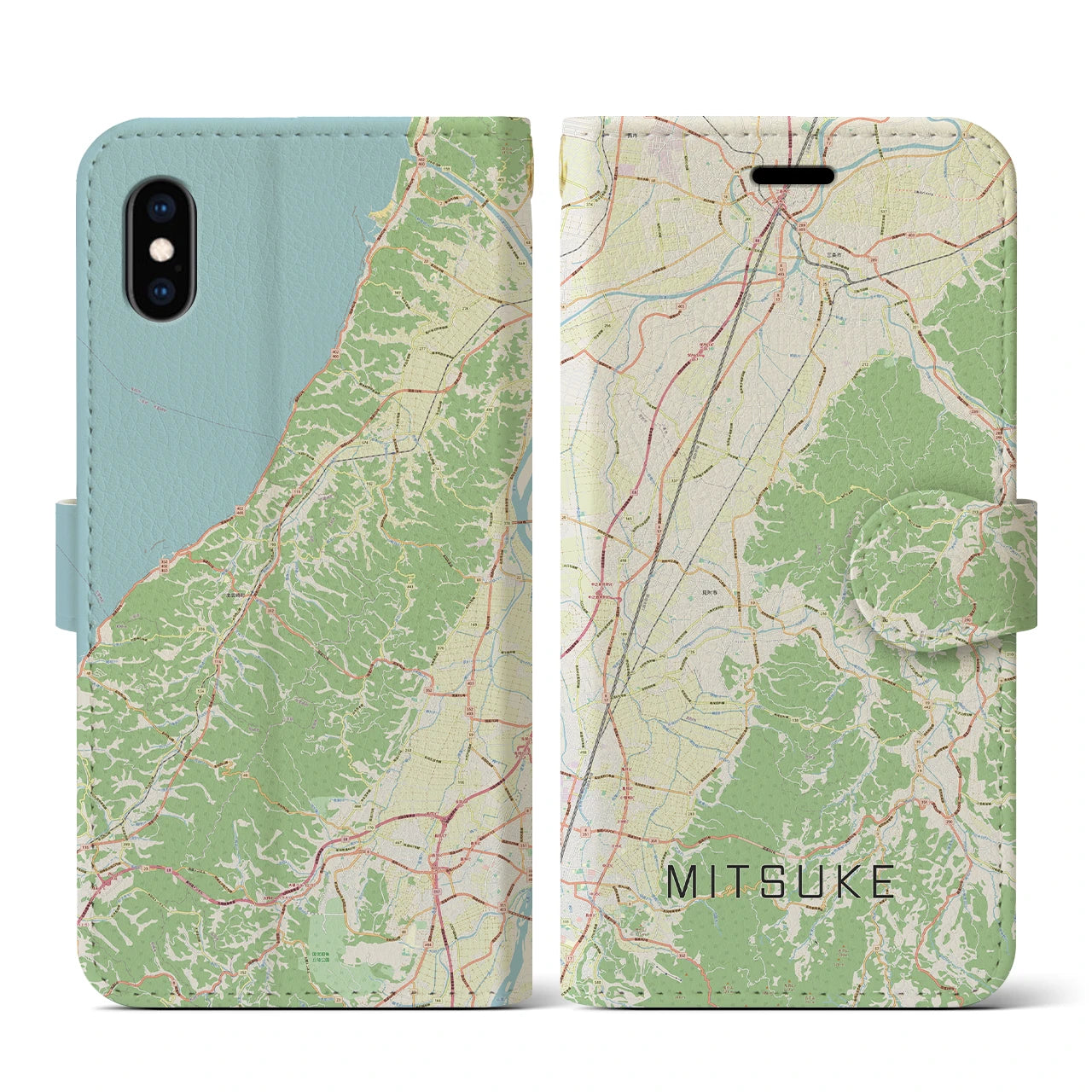 【見附(新潟県)】地図柄iPhoneケース(手帳タイプ)ナチュラル・iPhone XS / X 用