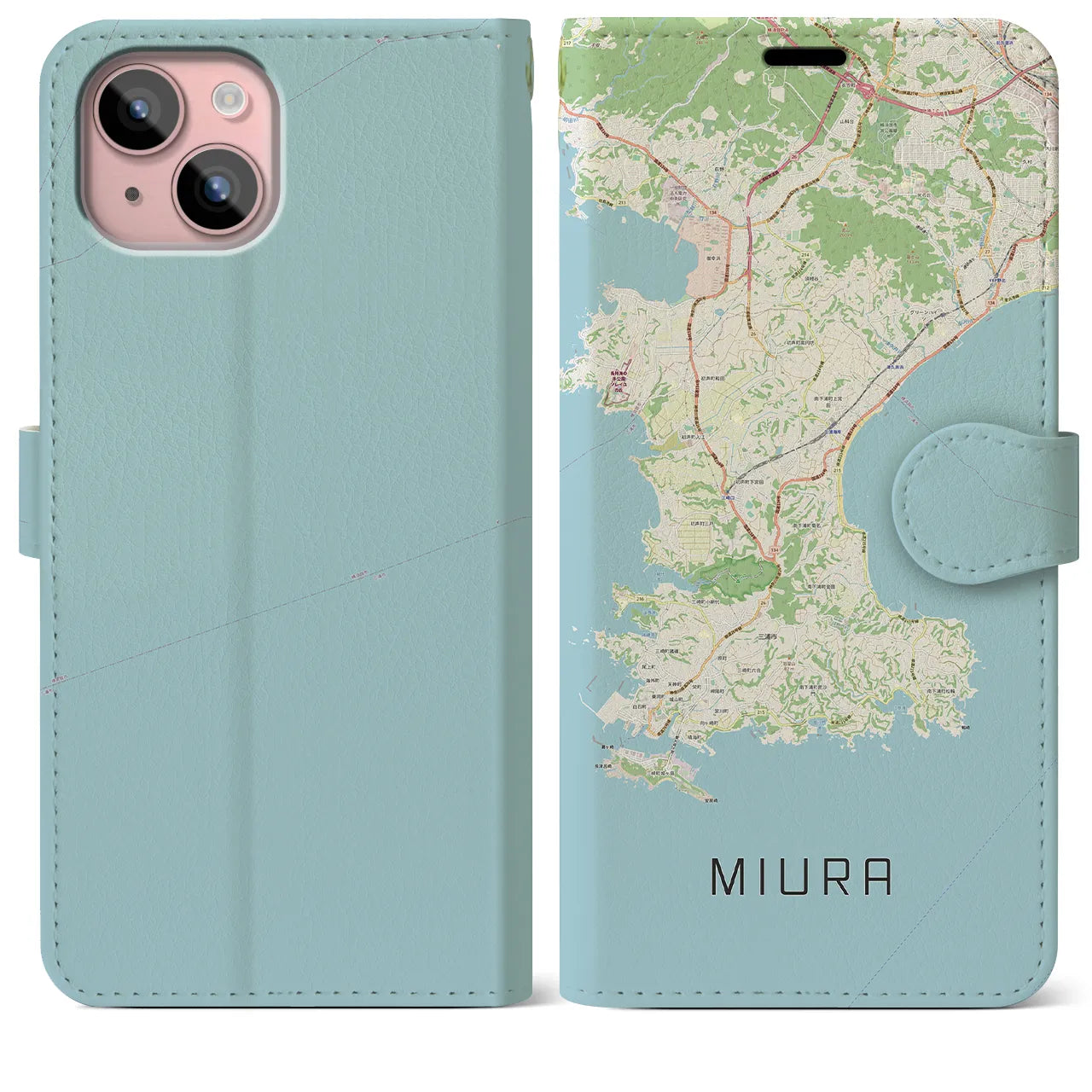 【三浦(神奈川県)】地図柄iPhoneケース(手帳タイプ)ナチュラル・iPhone 15 Plus 用
