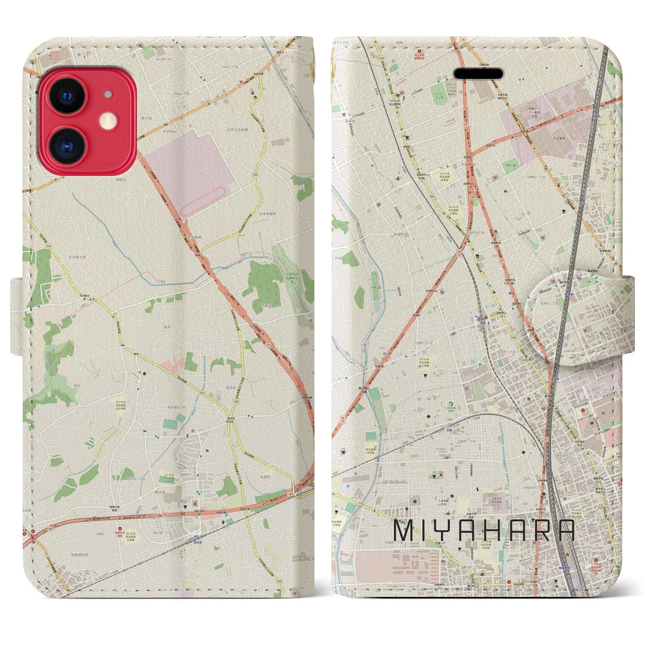 【宮原(埼玉県)】地図柄iPhoneケース(手帳タイプ)ナチュラル・iPhone 11 用