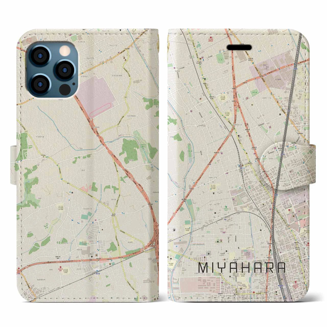 【宮原(埼玉県)】地図柄iPhoneケース(手帳タイプ)ナチュラル・iPhone 12 / 12 Pro 用