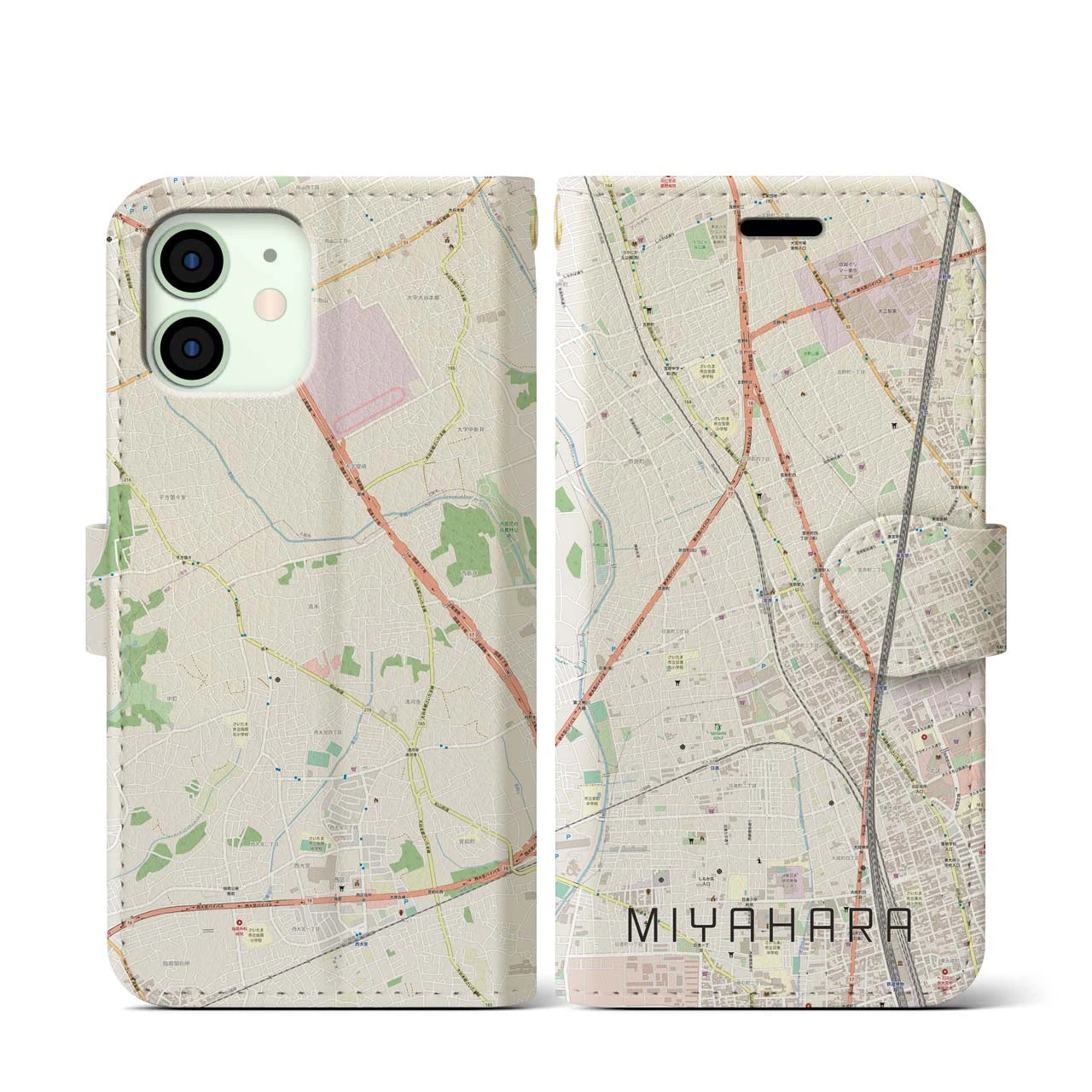 【宮原(埼玉県)】地図柄iPhoneケース(手帳タイプ)ナチュラル・iPhone 12 mini 用