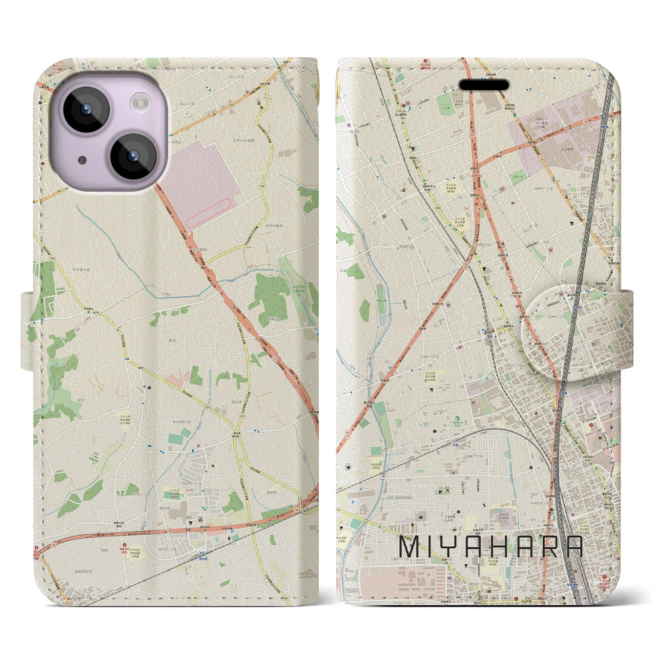 【宮原(埼玉県)】地図柄iPhoneケース(手帳タイプ)ナチュラル・iPhone 14 用
