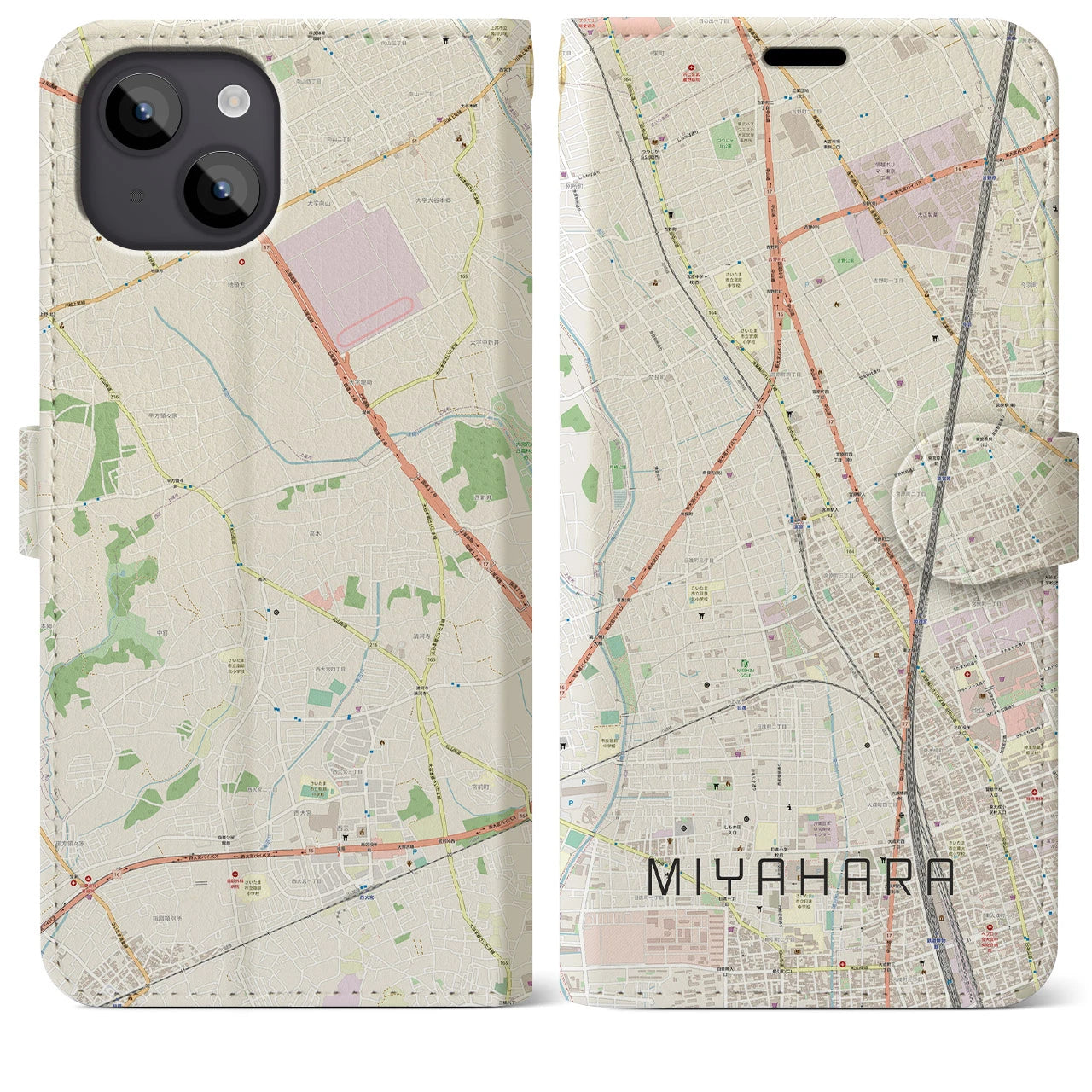 【宮原(埼玉県)】地図柄iPhoneケース(手帳タイプ)ナチュラル・iPhone 14 Plus 用