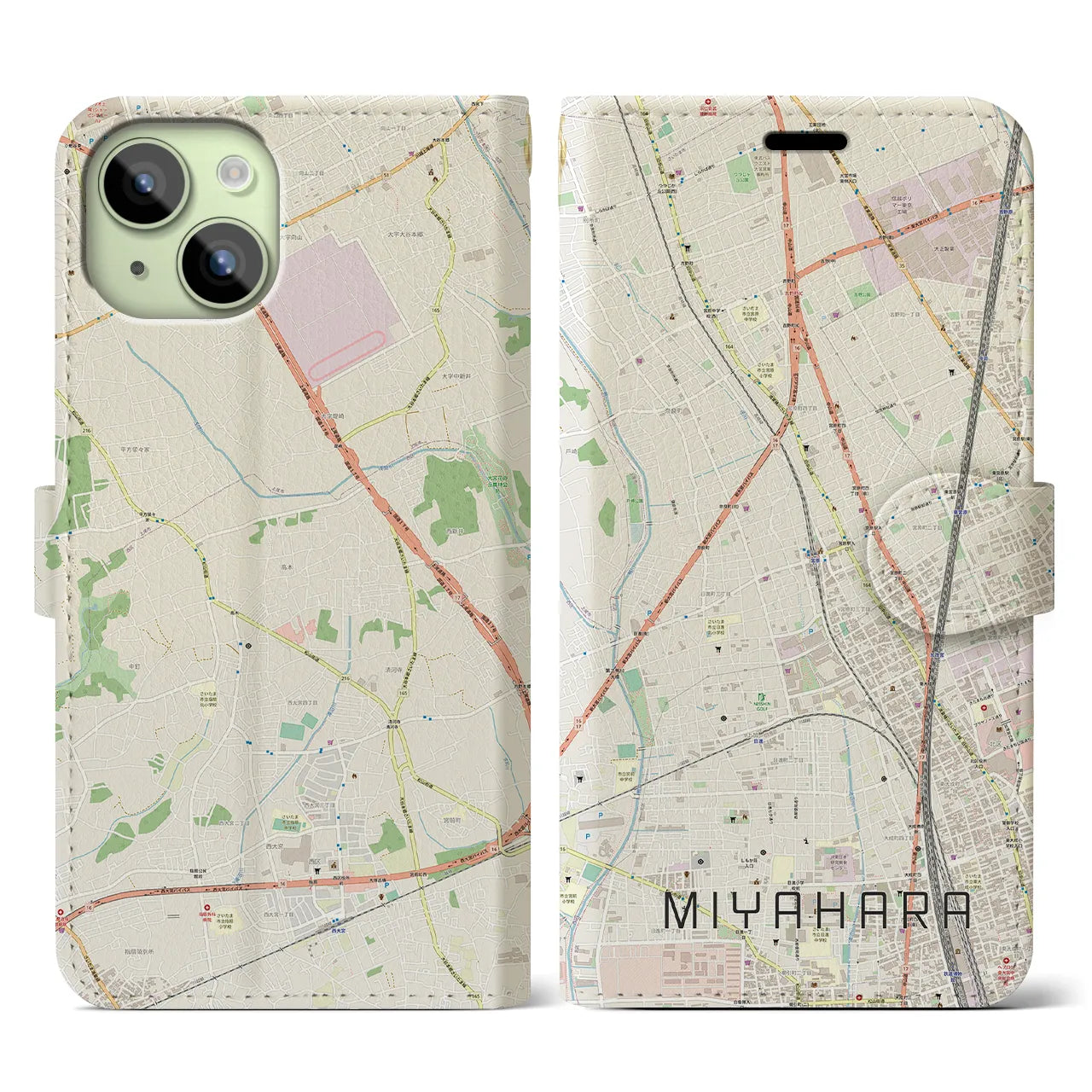 【宮原(埼玉県)】地図柄iPhoneケース(手帳タイプ)ナチュラル・iPhone 15 用